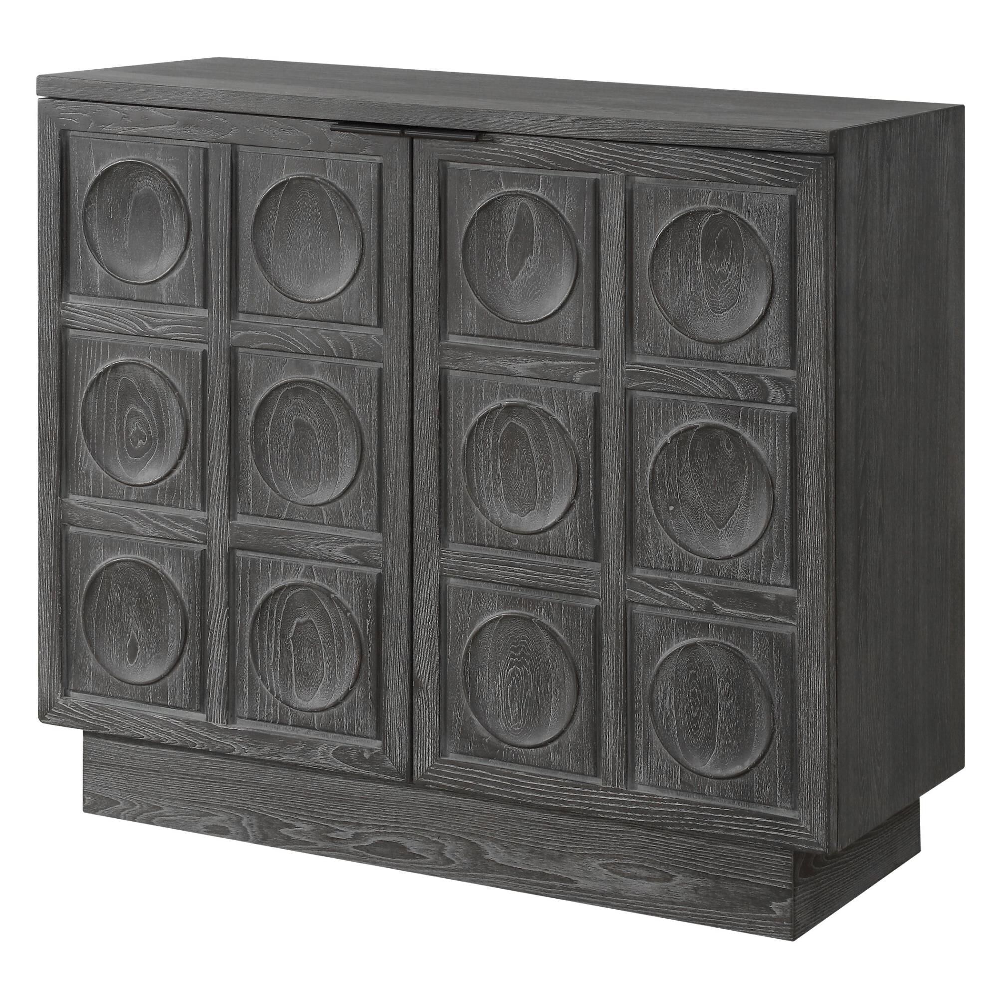 Shown in A Two Door Cabinet Featuring A Striking Carved Circular Design, Constructed From Solid Elm And Elm V finish