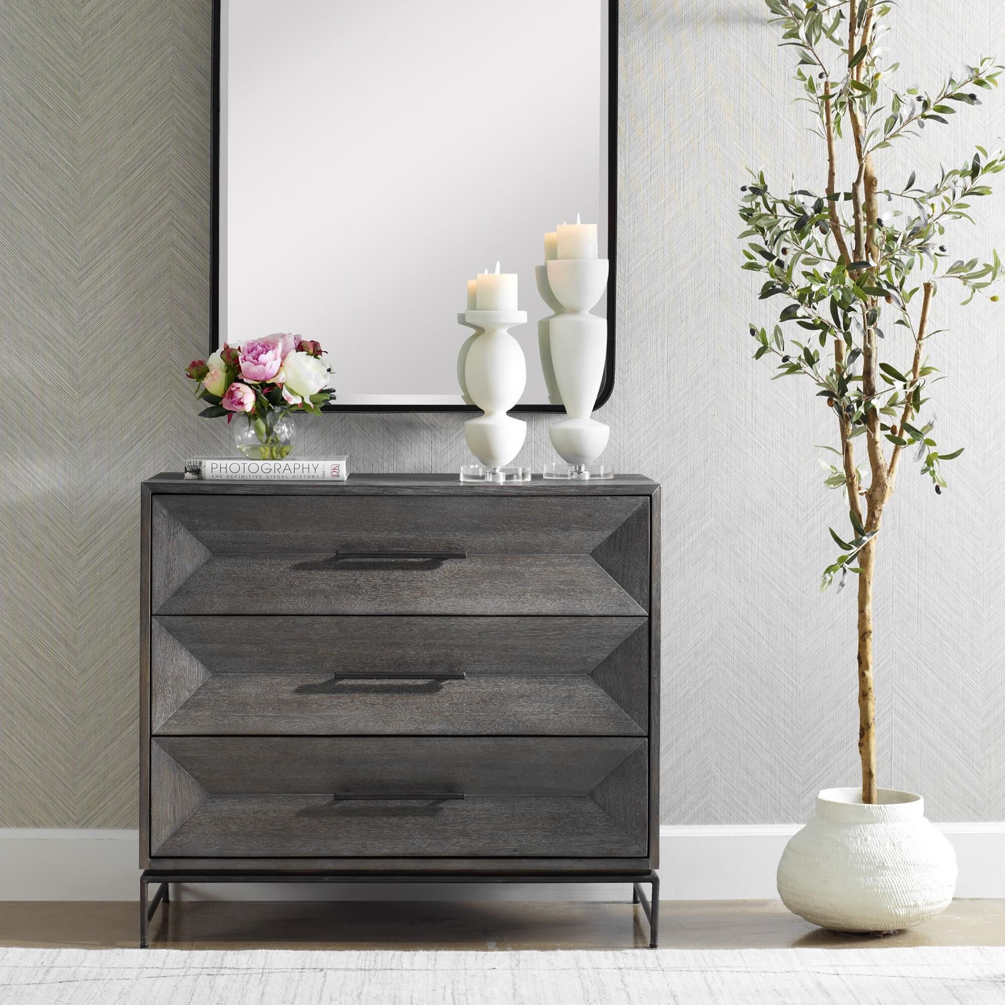 Shown in Displaying Balanced Elegance Through Its Three Symmetric Drawers This Chest Is Crafted From Rich Aca finish