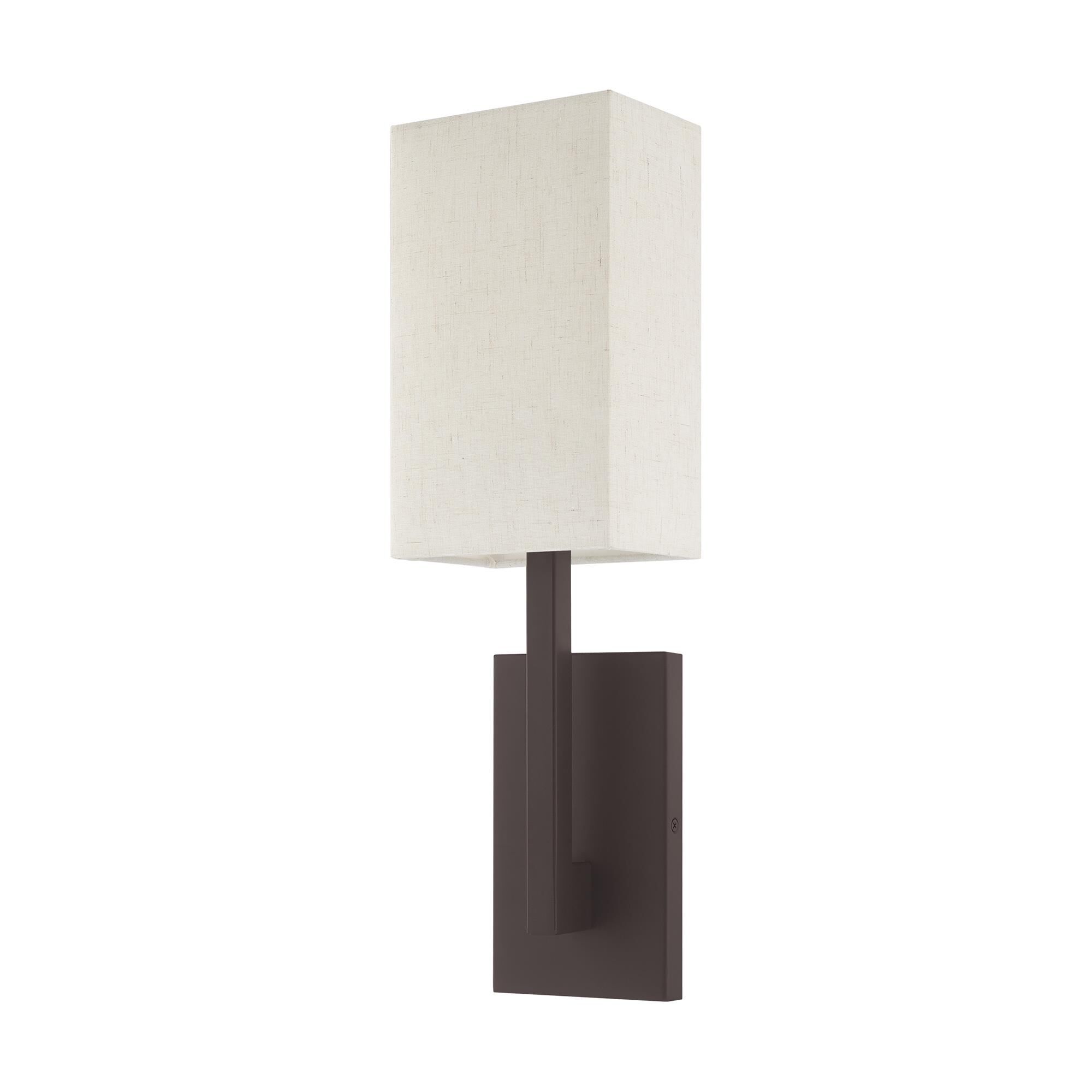 Shown in Bronze finish and Hand Crafted Oatmeal Color Fabric Outside & White Fabric Inside Hardback shade