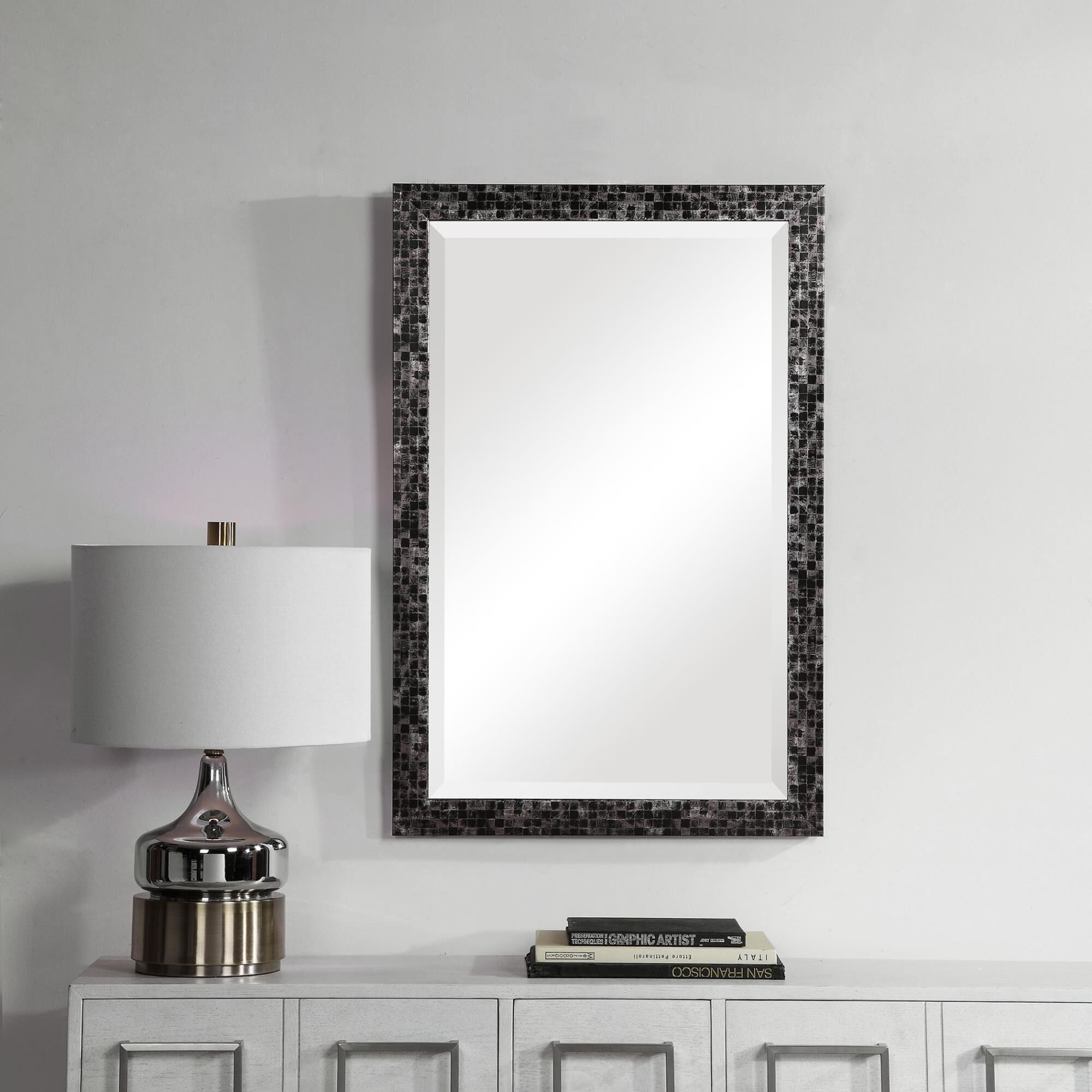 Shown in Contemporary Style Vanity Mirror Features A Gray, Silver, And Black Mosaic Style Frame. Mirror Has 1 finish