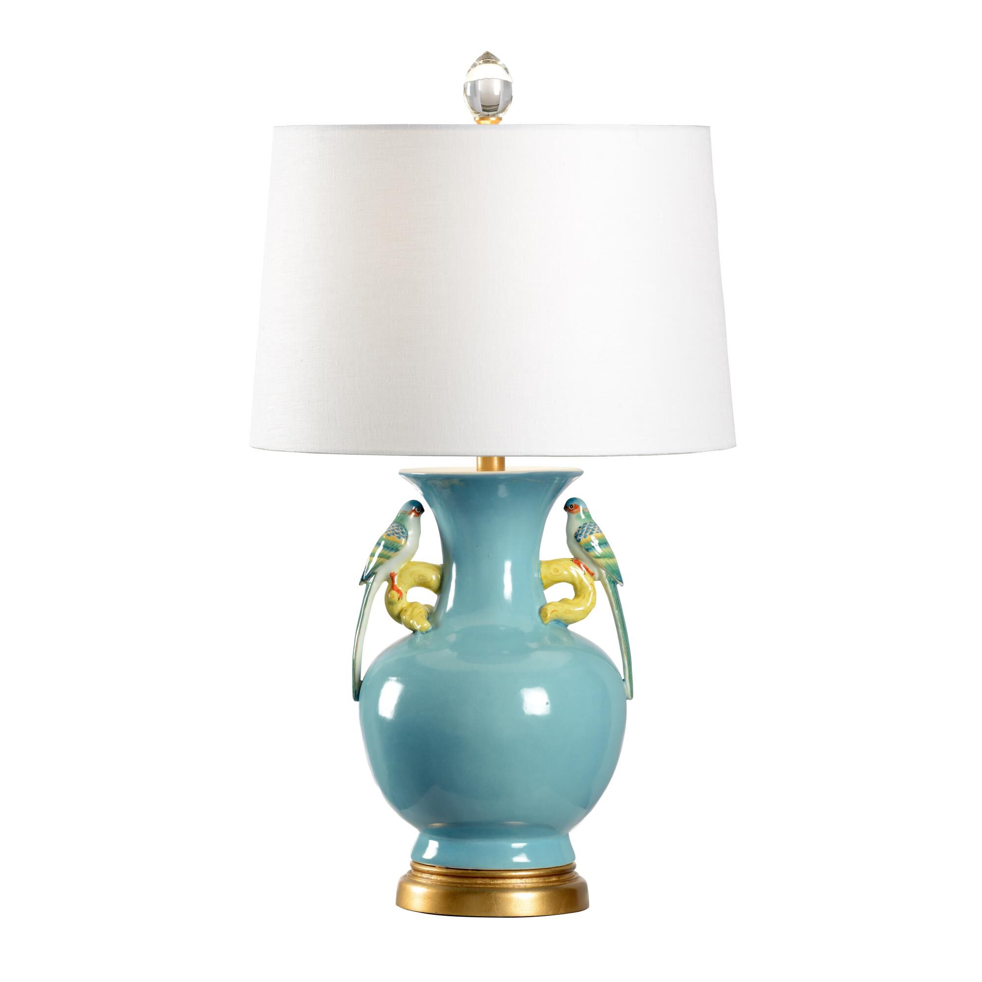 Shown in Blue-Gold Leaf finish and Off White Linen shade