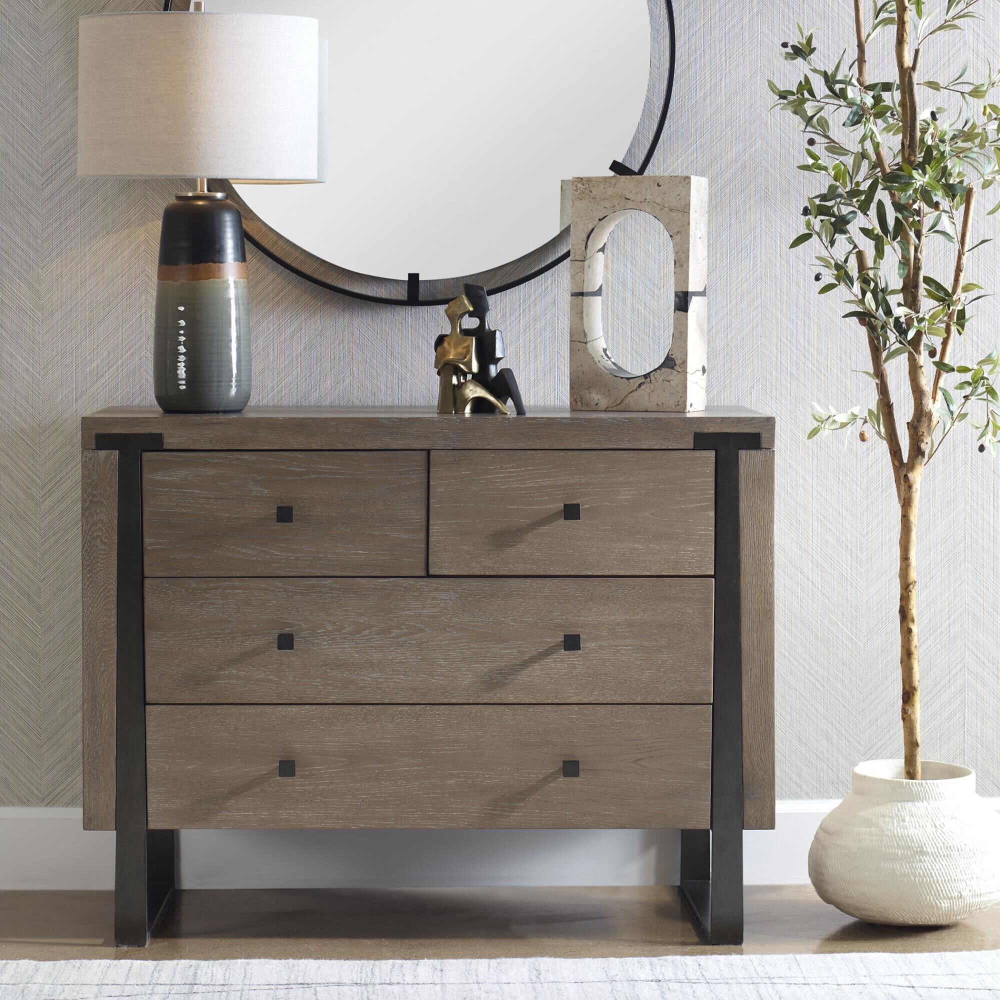 Shown in Contemporary In Style, This Light Oak Veneer Chest Features Dark Bronze Iron Legs That Embed Into Th finish