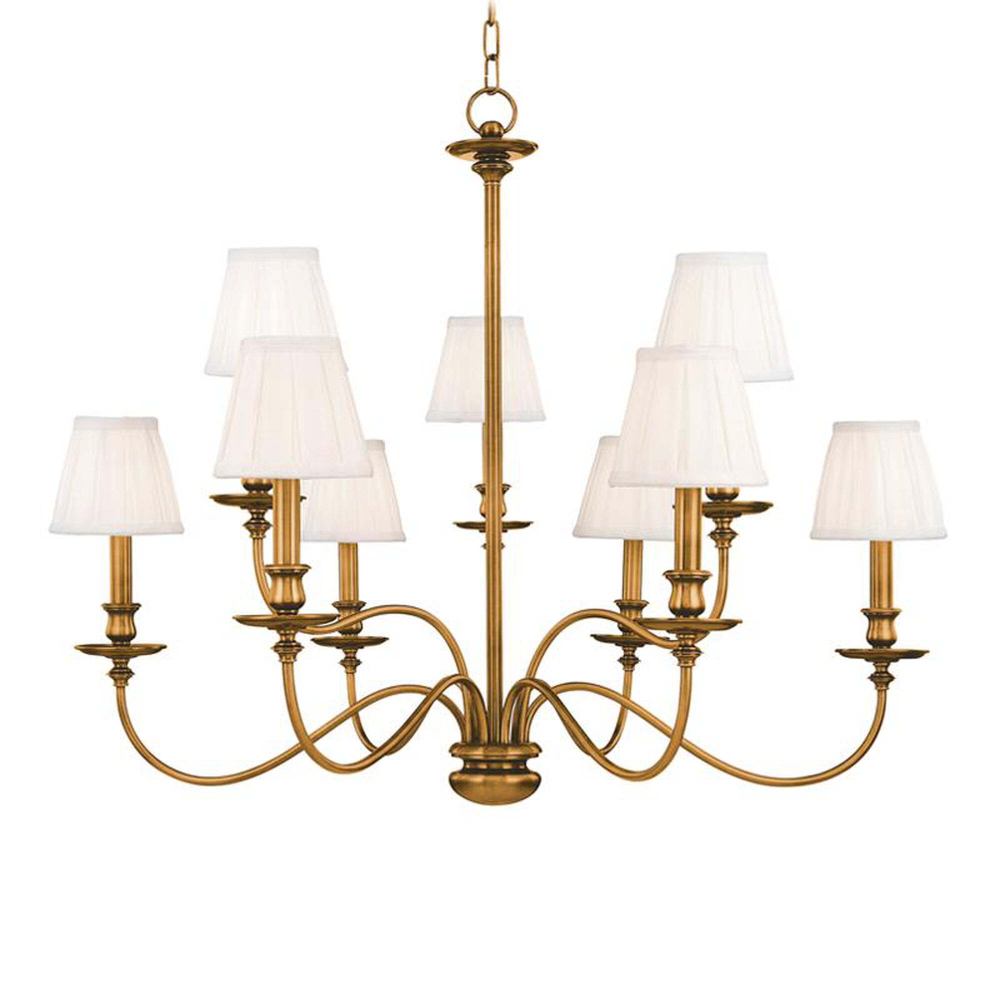 Shown in Aged Brass finish and Off White Faux Silk shade