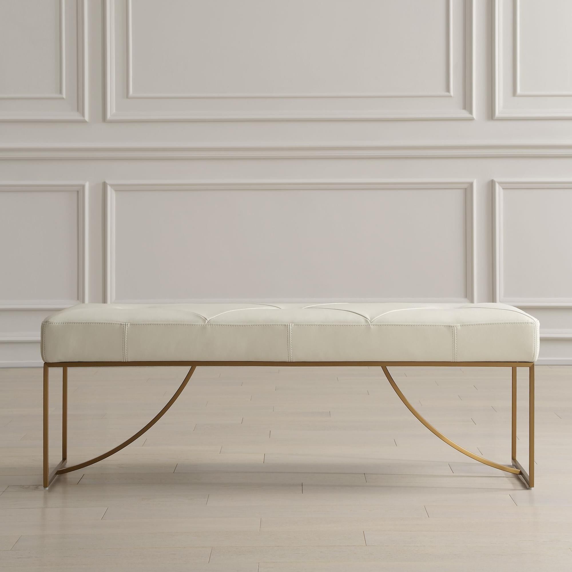 Shown in Elegant Curves Of The Stainless Steel Base In Plated Brushed Brass Support The Plush Diamond Tufted  finish