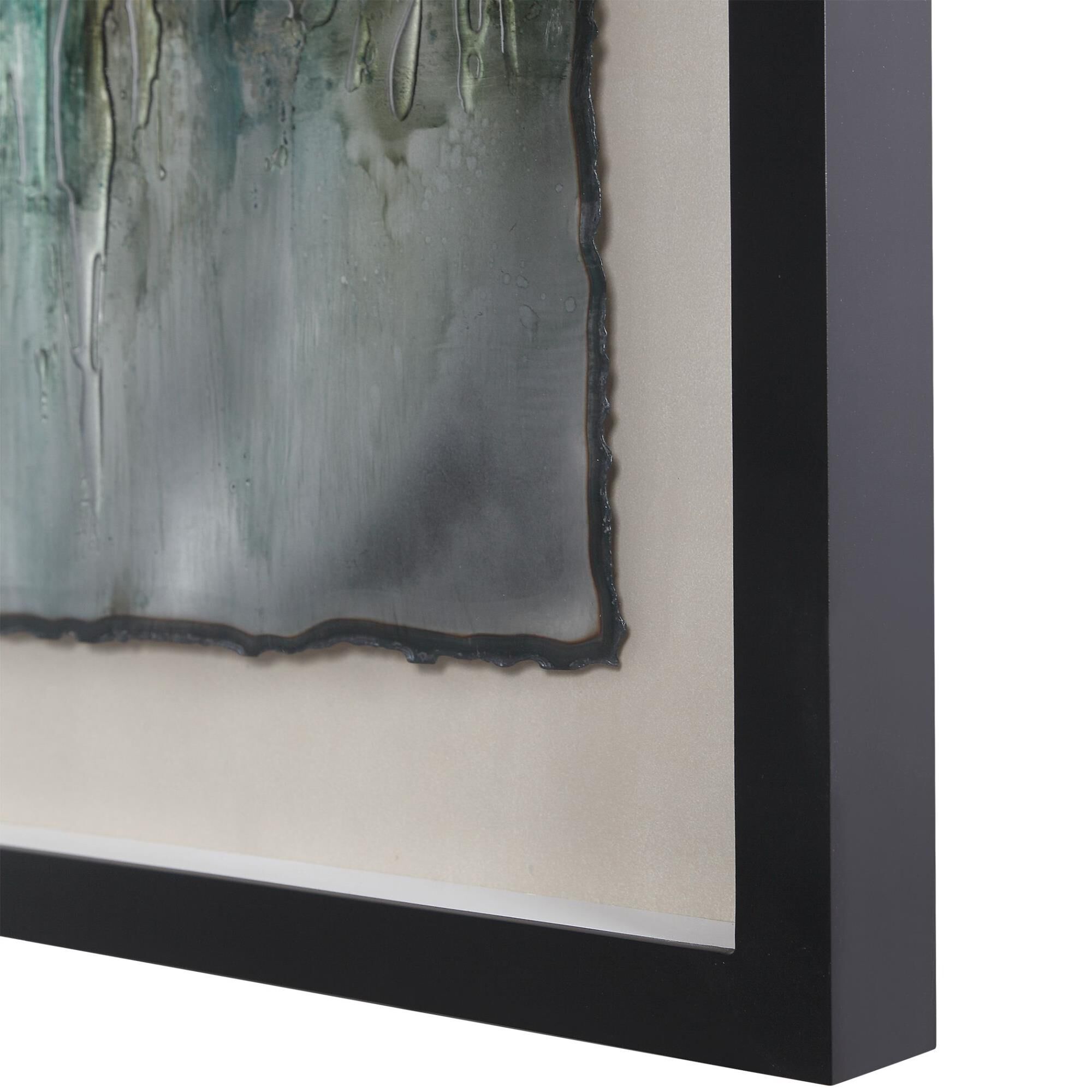 Shown in Silver Leaf, Gold Leaf, Green, Black, Burned Edges, Beige Background, Shadowbox Frame, Glass, Dark G finish