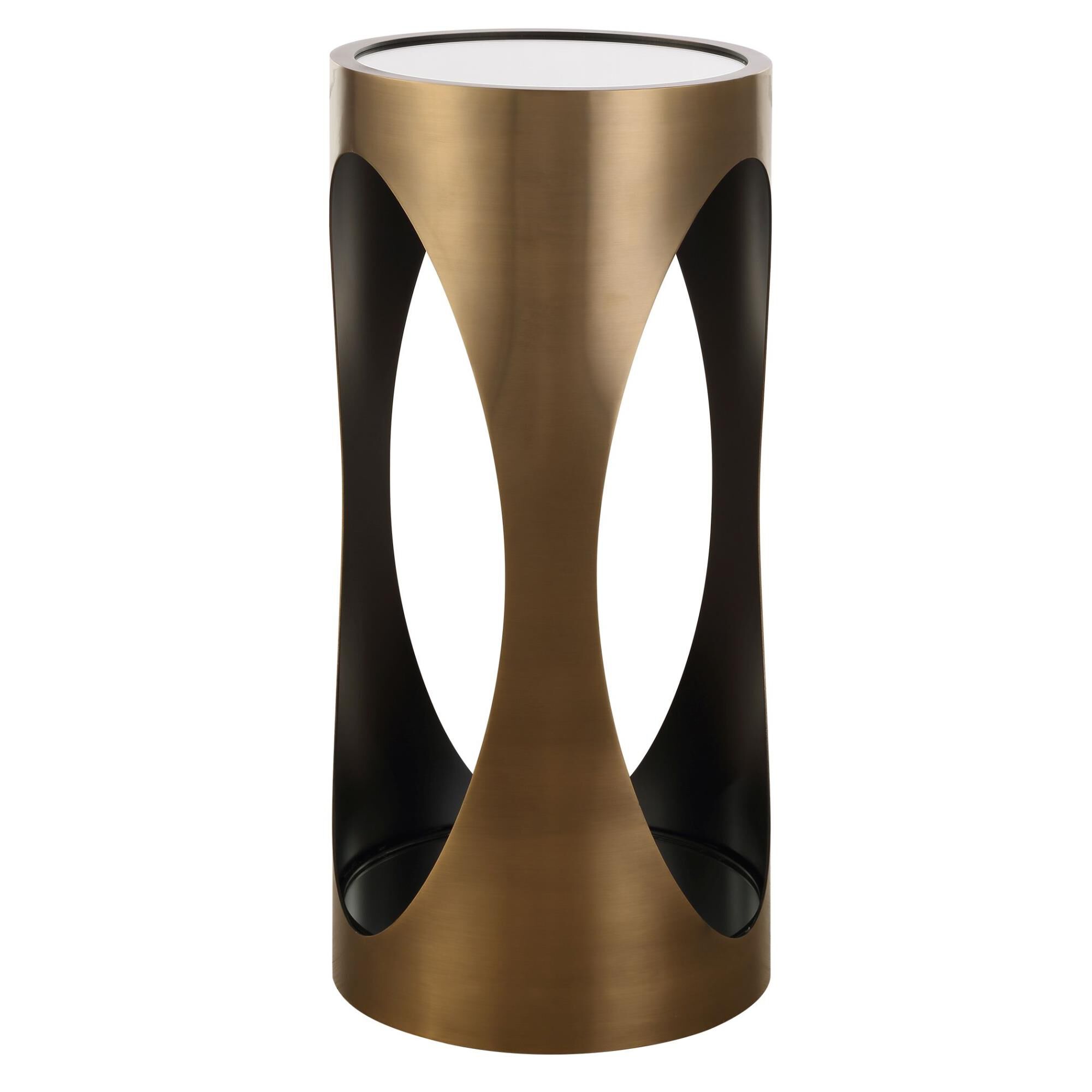 Shown in Achille's Mirrored Top Rests On A Sleek Brushed Brass Cylindrical Base Creating A Perfecting Resting finish