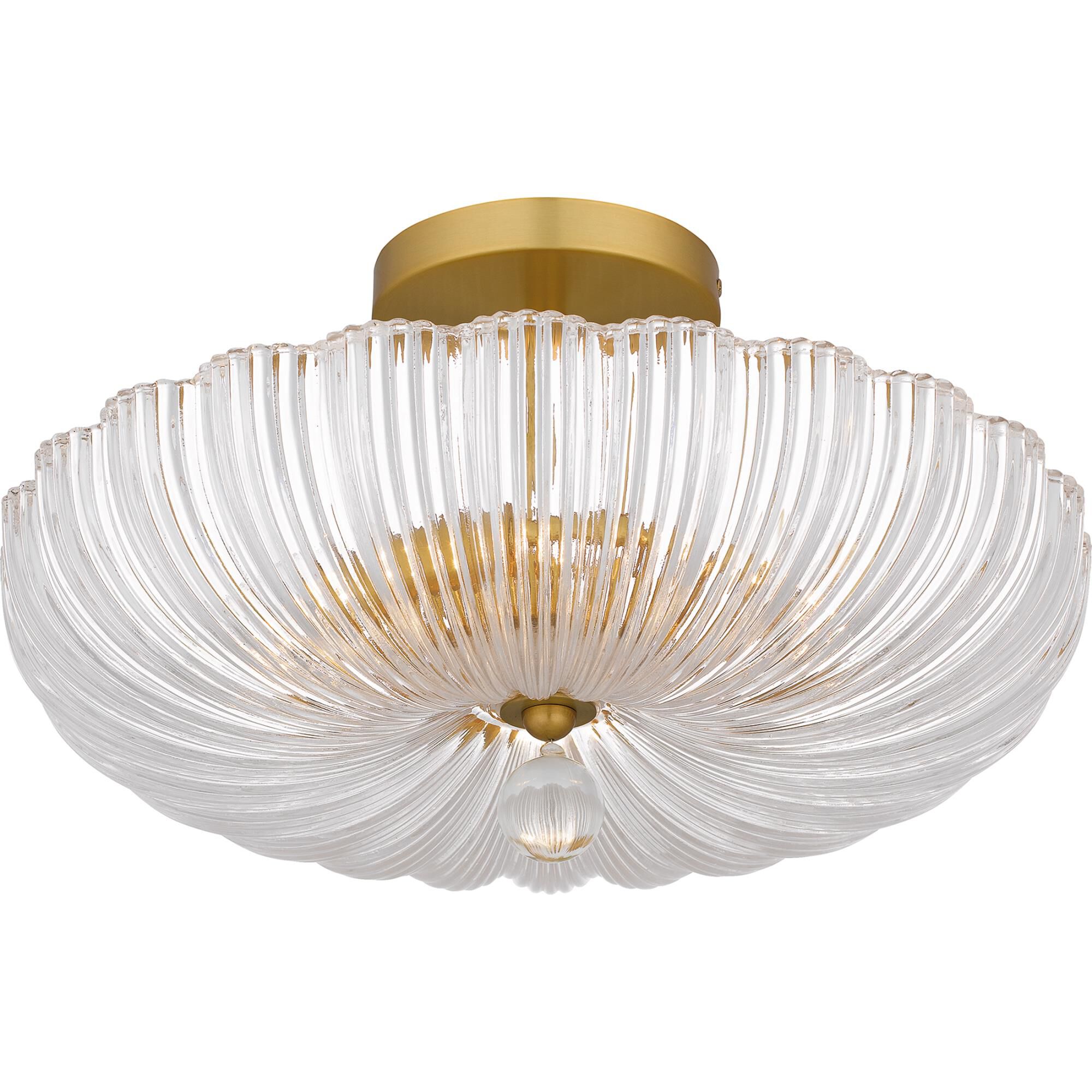 Shown in Brushed Gold finish and Clear Ribbed Glass shade