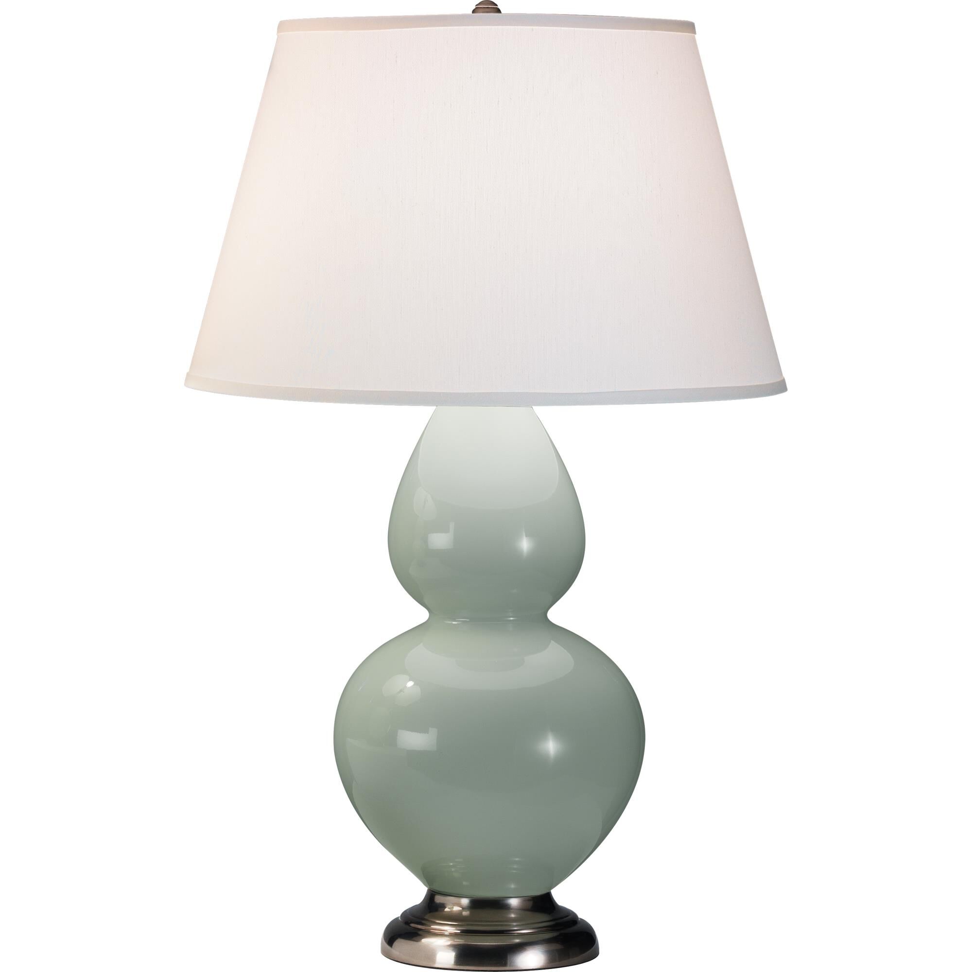 Shown in Celadon Glazed Ceramic finish and Pearl Dupioni Fabric shade