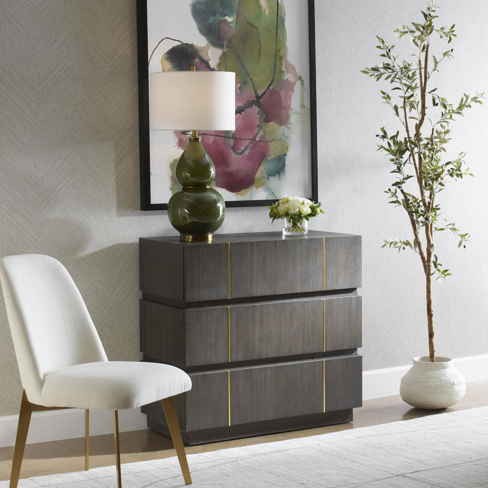 Shown in A Clean And Refined Accent Chest Featuring Three Acacia Veneer Drawers In Dark Walnut. The Richness  finish