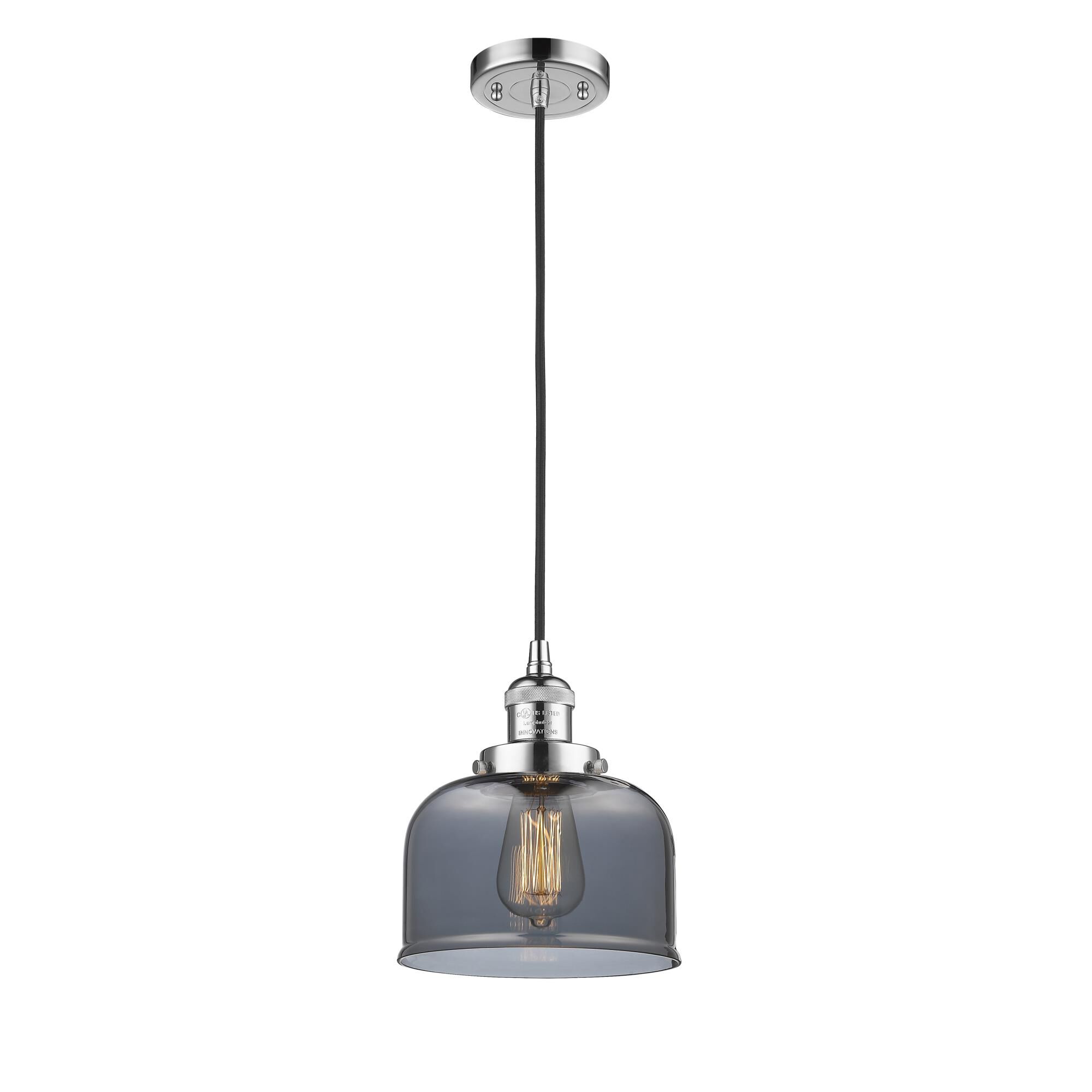 Shown in Polished Chrome finish and Plated Smoked Large Bell glass and Cord accent