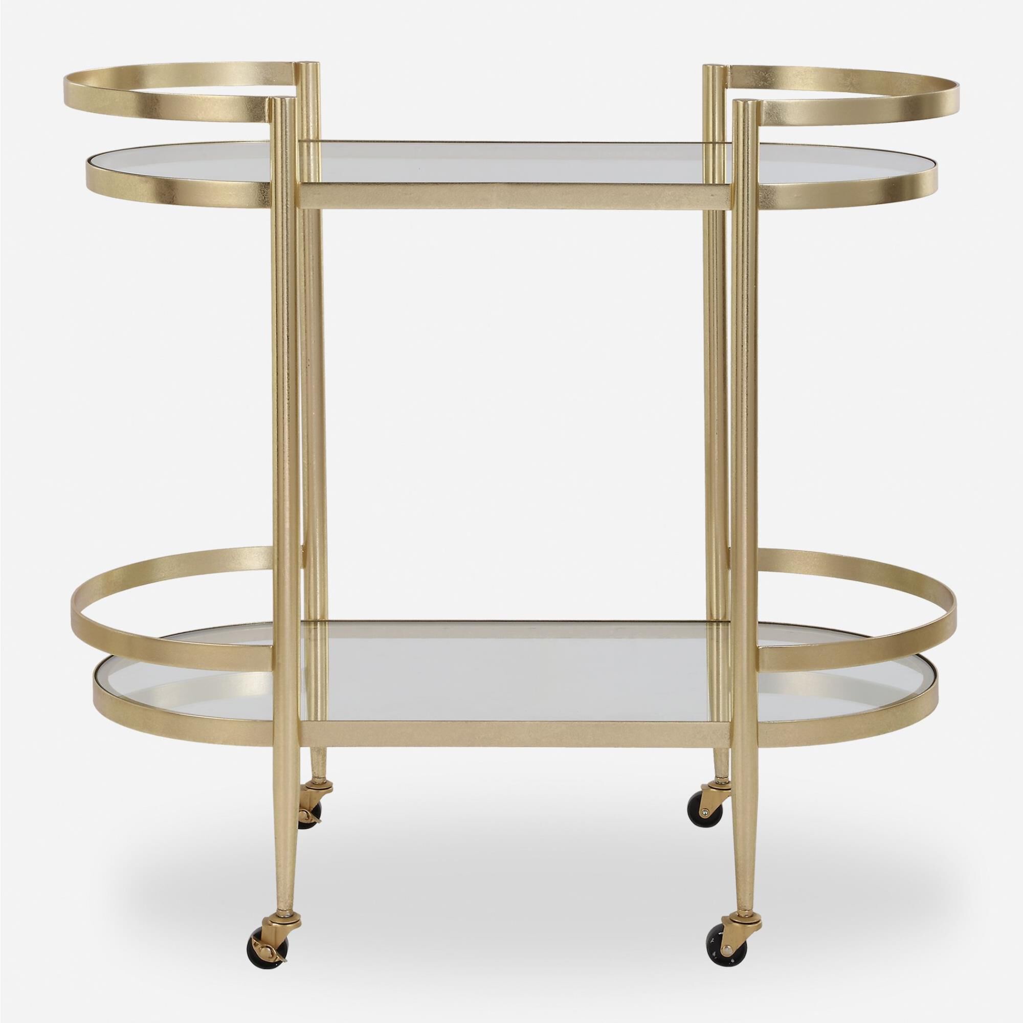 Shown in A Refined Serving Cart, Forged With A Beautiful Soft Gold Leaf Finish Made Completely From Iron. The finish