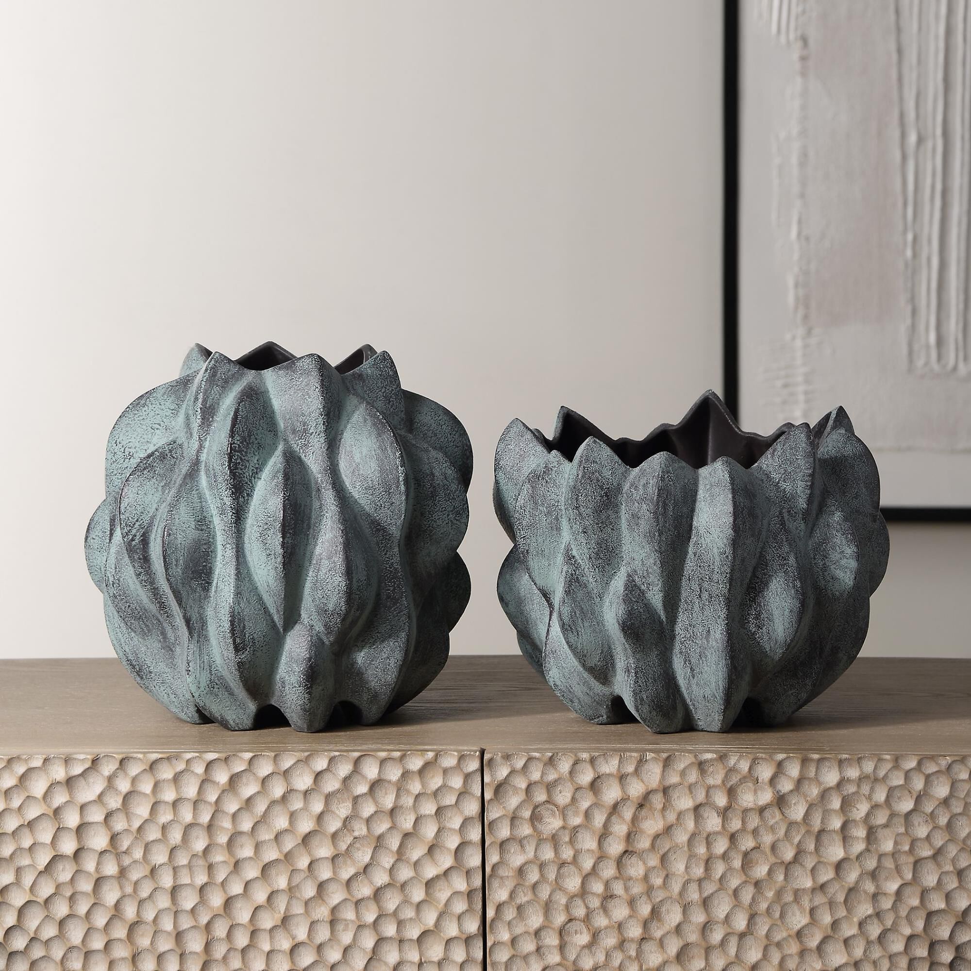 Shown in Set Of Two Ceramic Bubble Vases, Exquisitely Crafted In Bronze Ceramic Adorned With A Captivating Ve finish