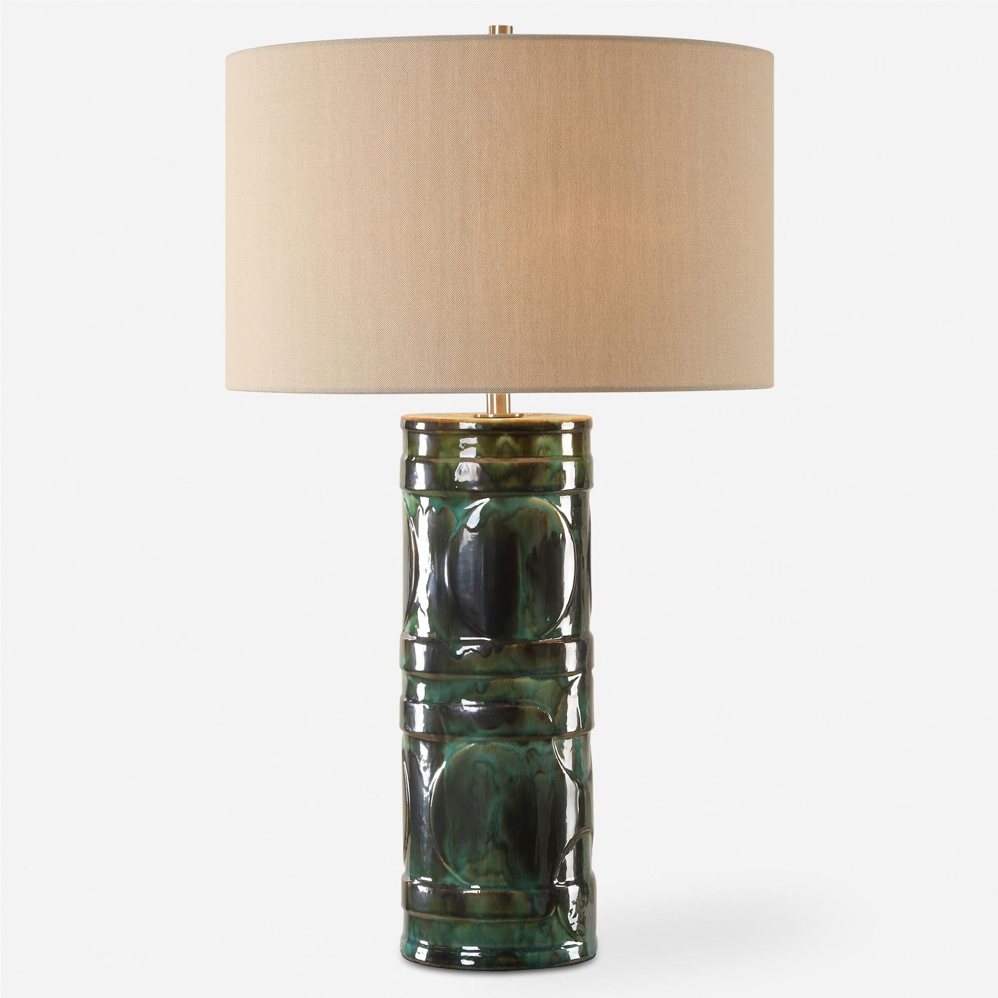 Shown in The Loch Table Lamp Features A Ceramic Base, Embellished With A Peacock Green And Slate Glaze, Addin finish