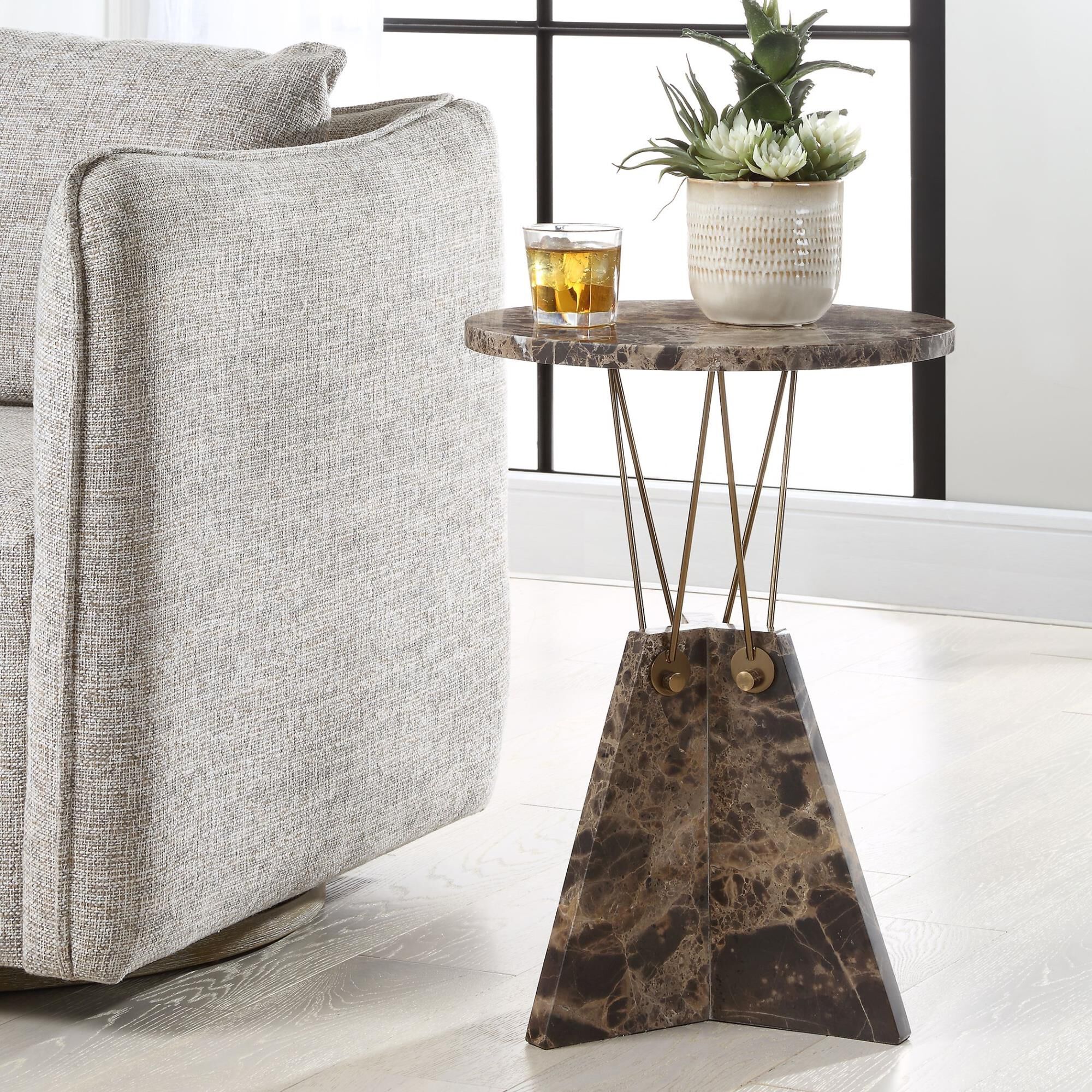 Shown in This Geometric Table Features A Round Top And Base Made Of Rich Emperador Brown Marble Connected By  finish