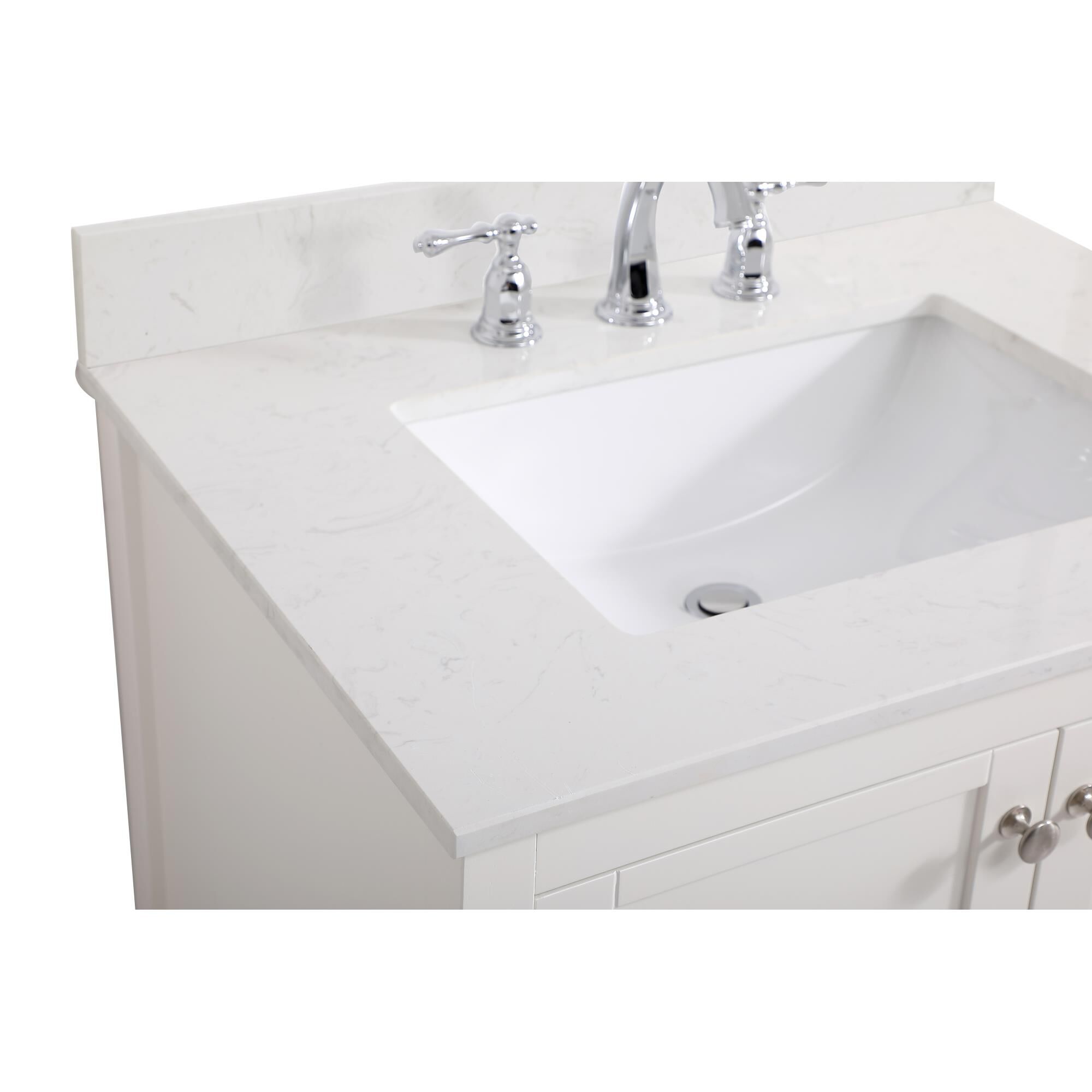 Shown in White And Brushed Nickel With Calacatta Quartz finish