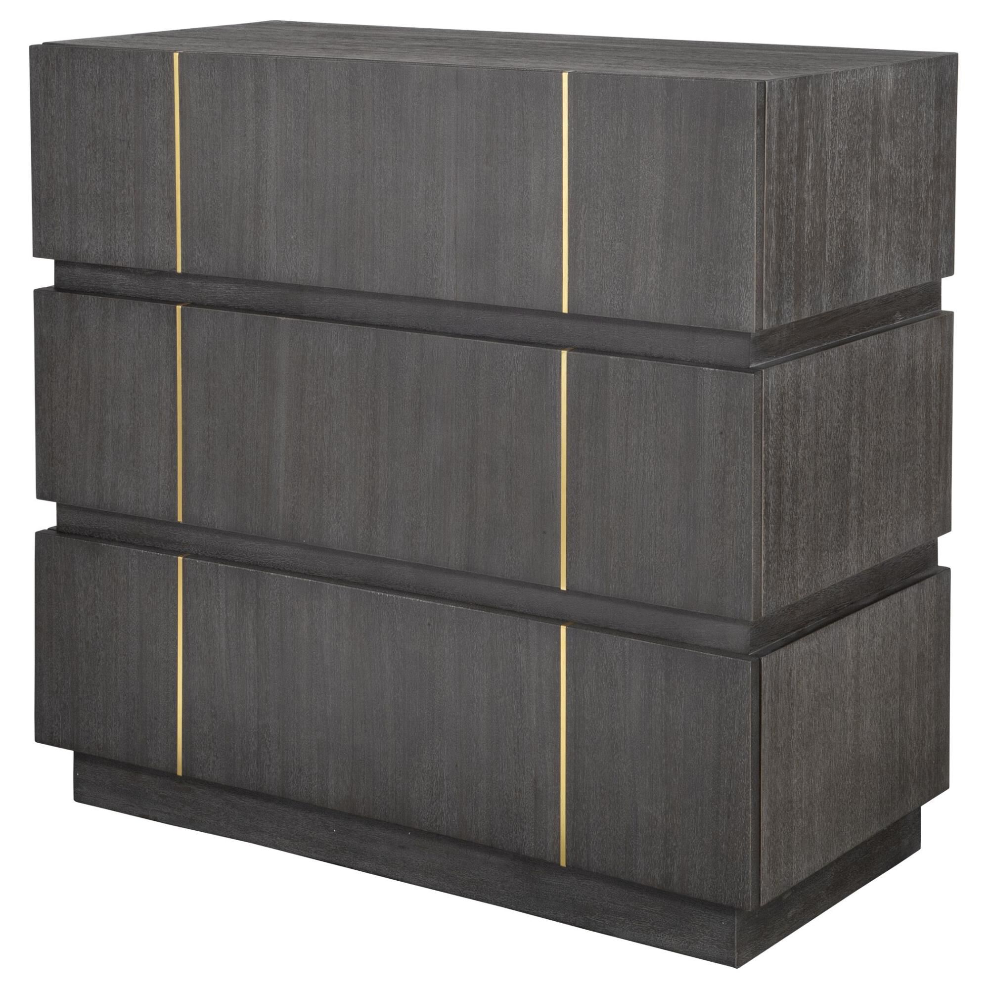 Shown in A Clean And Refined Accent Chest Featuring Three Acacia Veneer Drawers In Dark Walnut. The Richness  finish