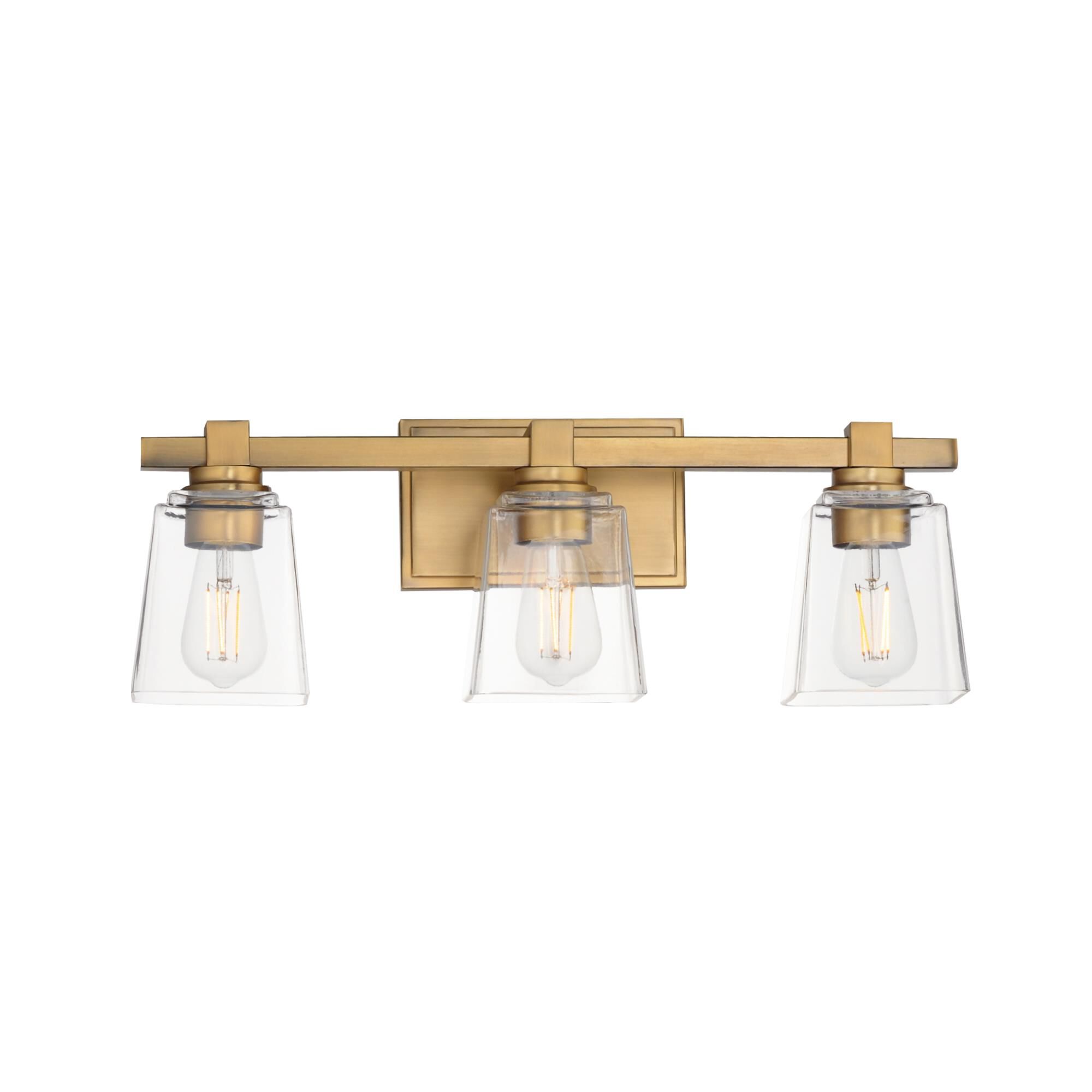 Shown in Natural Aged Brass finish and Clear glass and Glass shade