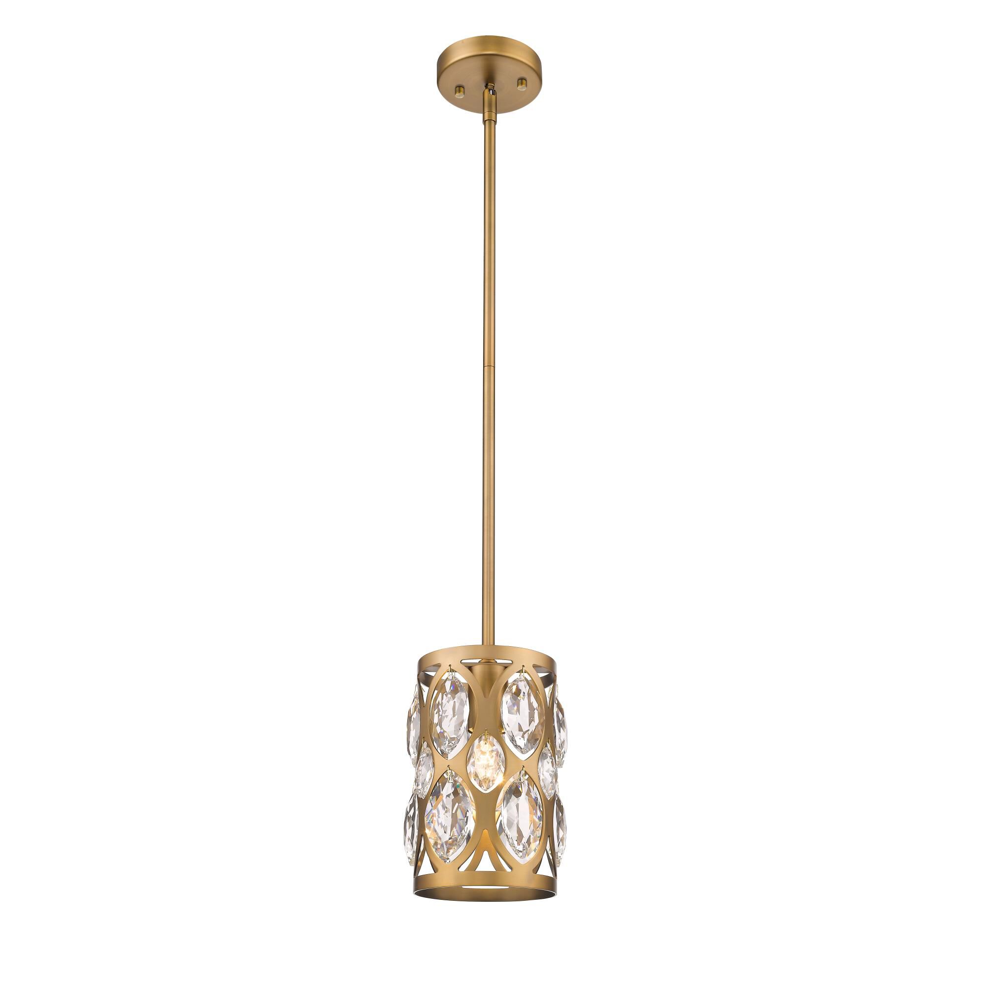 Shown in Heirloom Brass finish and Crystal glass and Crystal shade