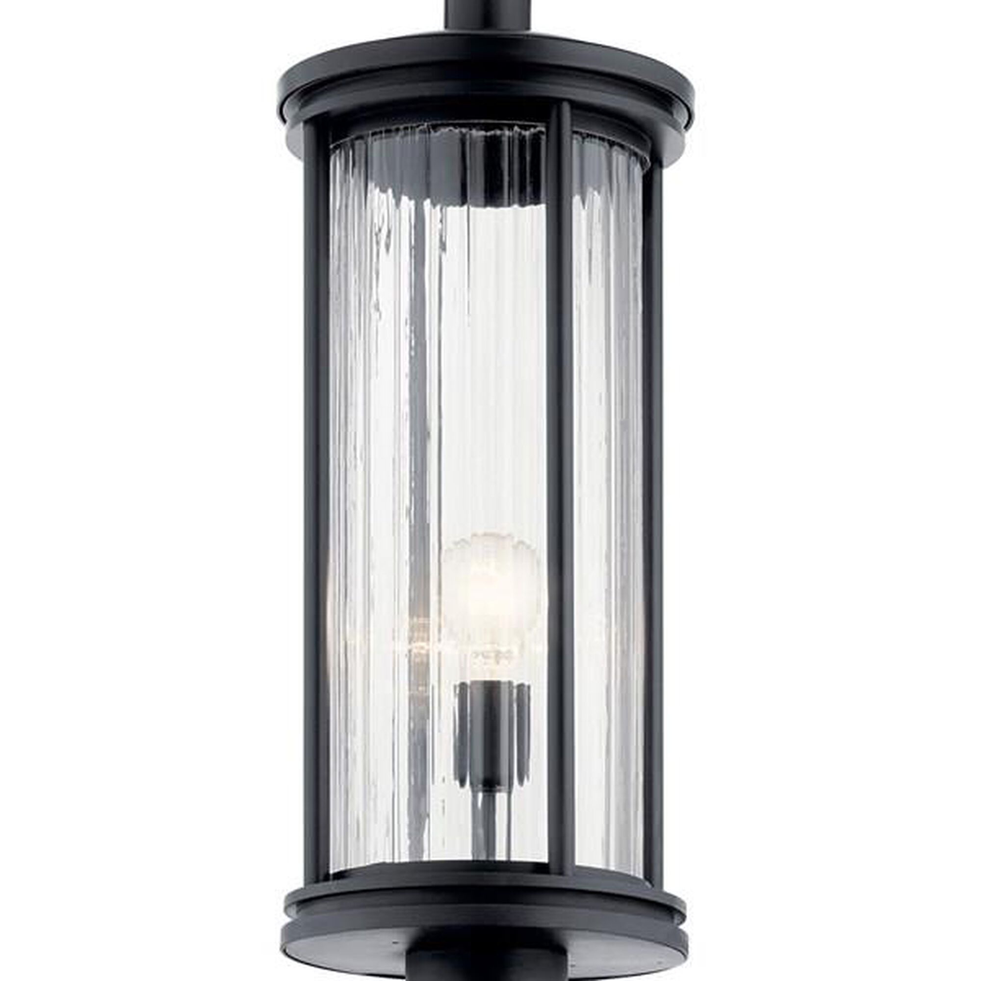 Shown in Black finish and Clear Ribbed glass