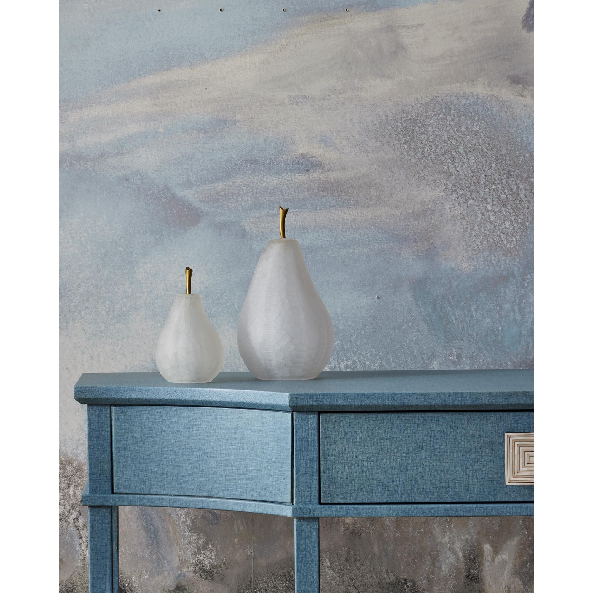 Shown in Lacquered Blue Linen, Washed Mahogany and Polished Stainless Steel finish