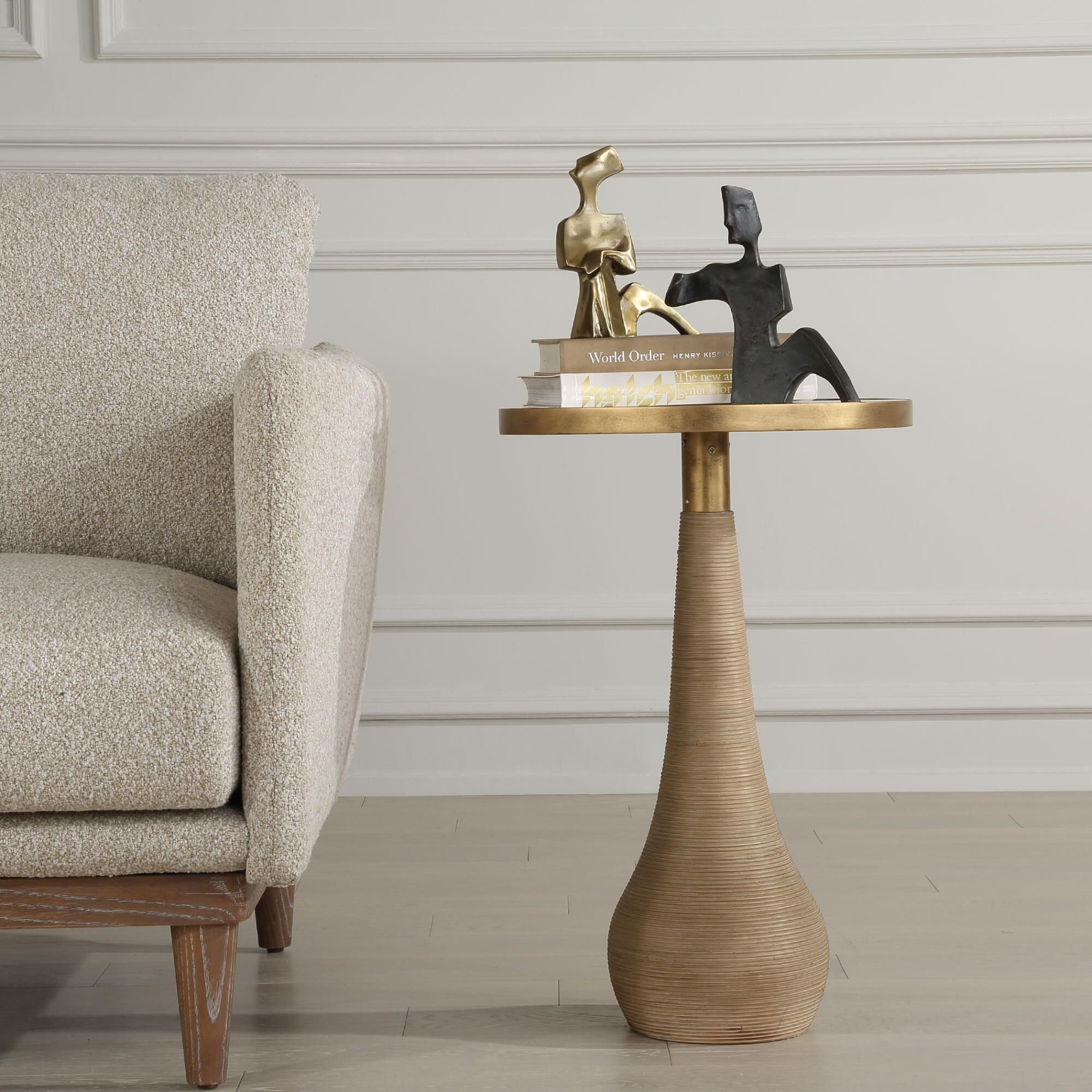 Shown in Organic And Luxurious This Accent Table Is The Culmination Of  Both Natural Rattan And Antique Brass finish