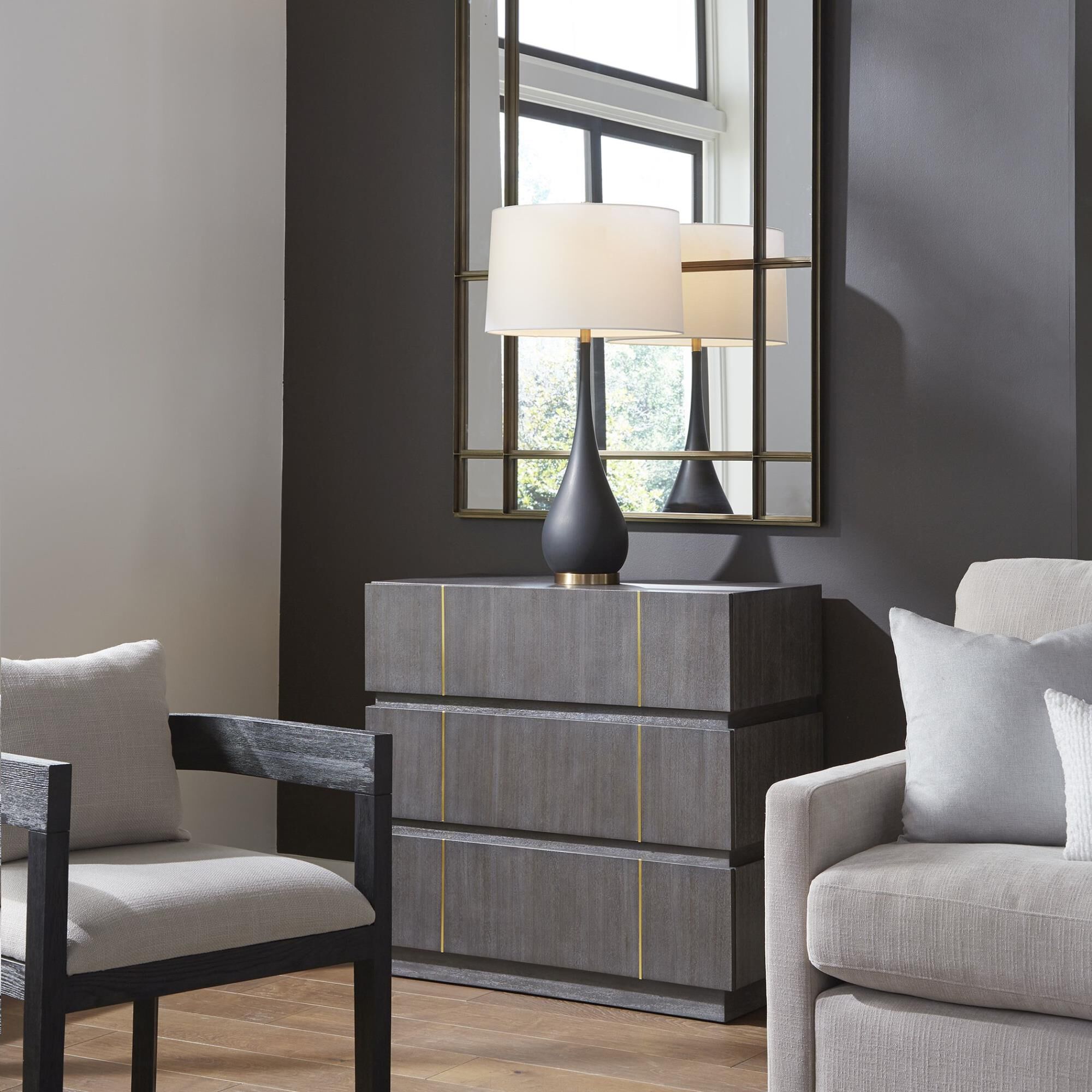 Shown in A Clean And Refined Accent Chest Featuring Three Acacia Veneer Drawers In Dark Walnut. The Richness  finish