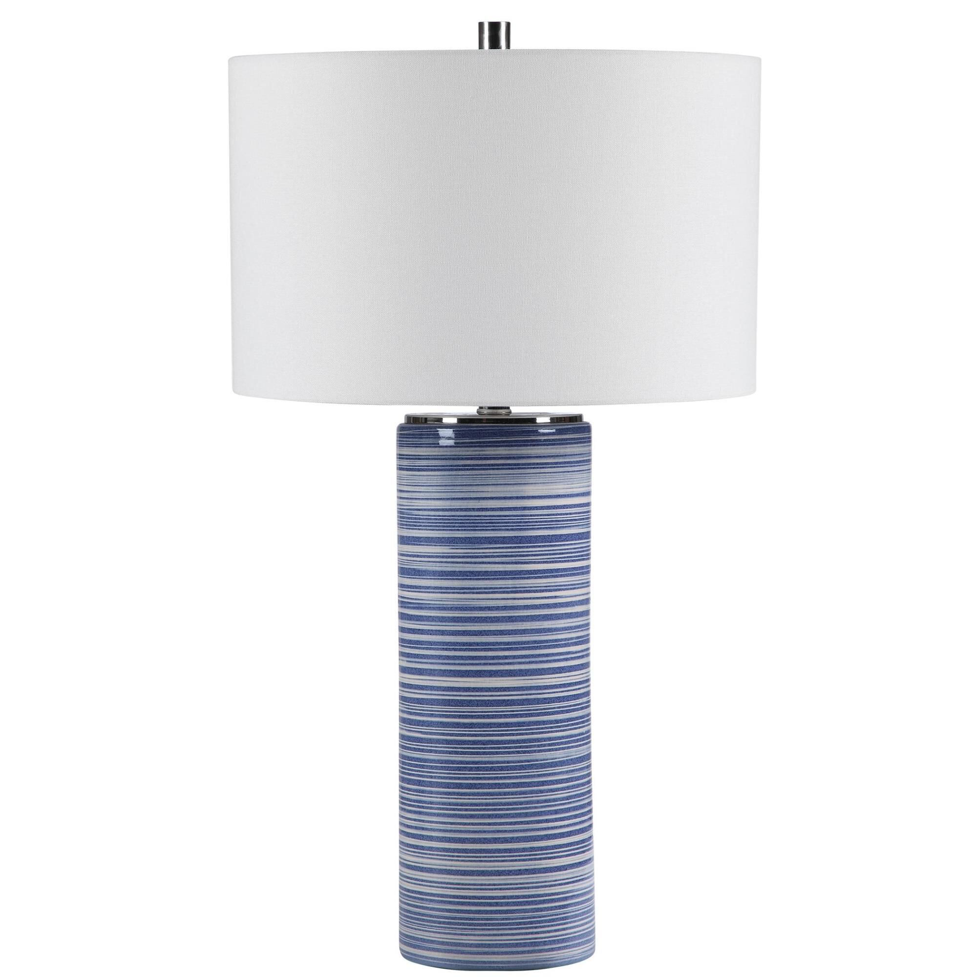 Shown in Showcasing Trendy White And Indigo Hues, This Ceramic Table Lamp Has A Striped Glaze With Polished N finish and Round Drum Hardback shade