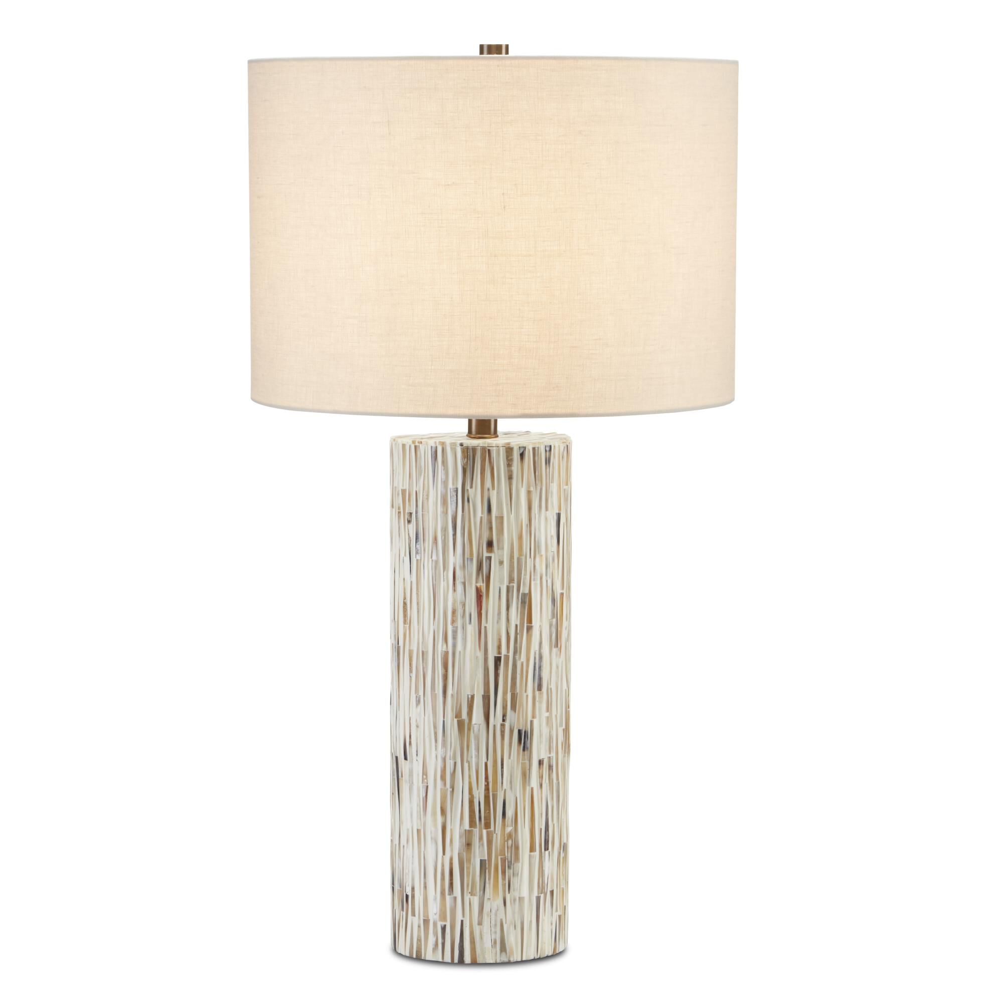 Shown in Natural Bone/Antique Brass finish and Light Beige Linen shade