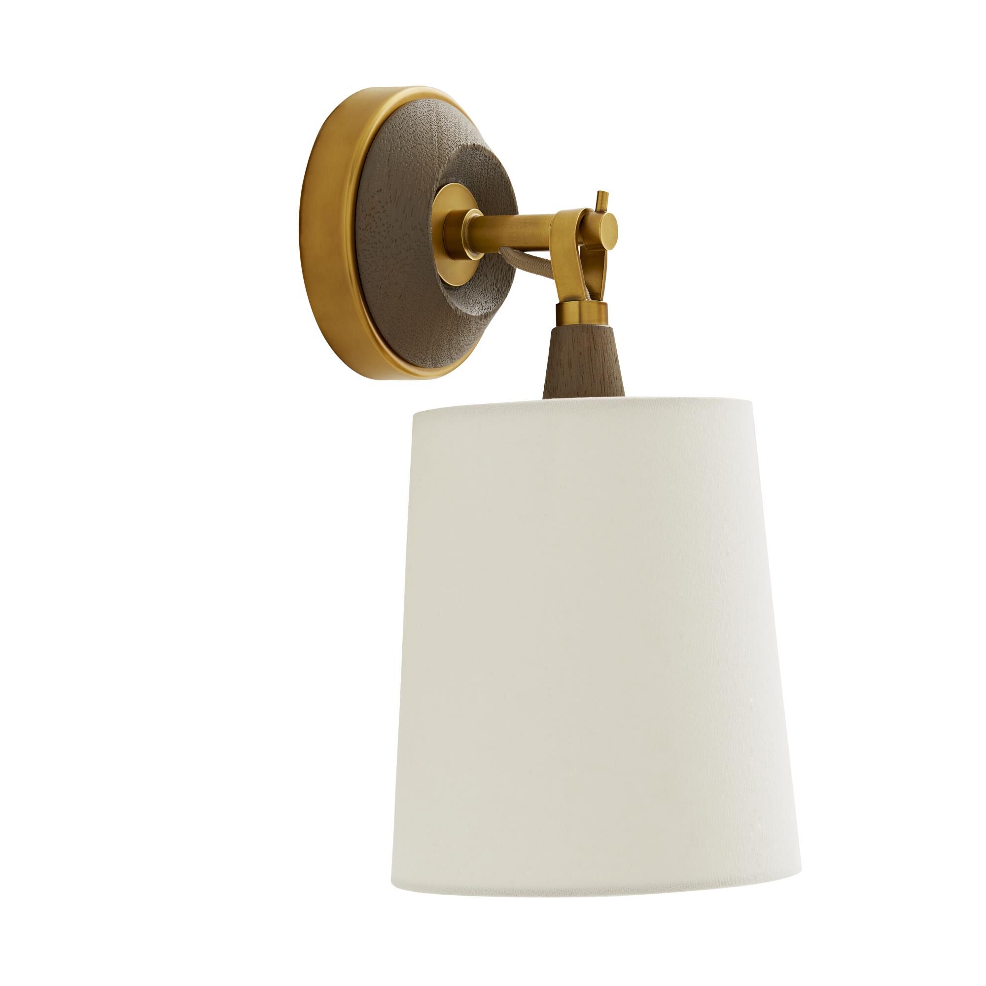 Shown in Antique Brass finish and Linen shade