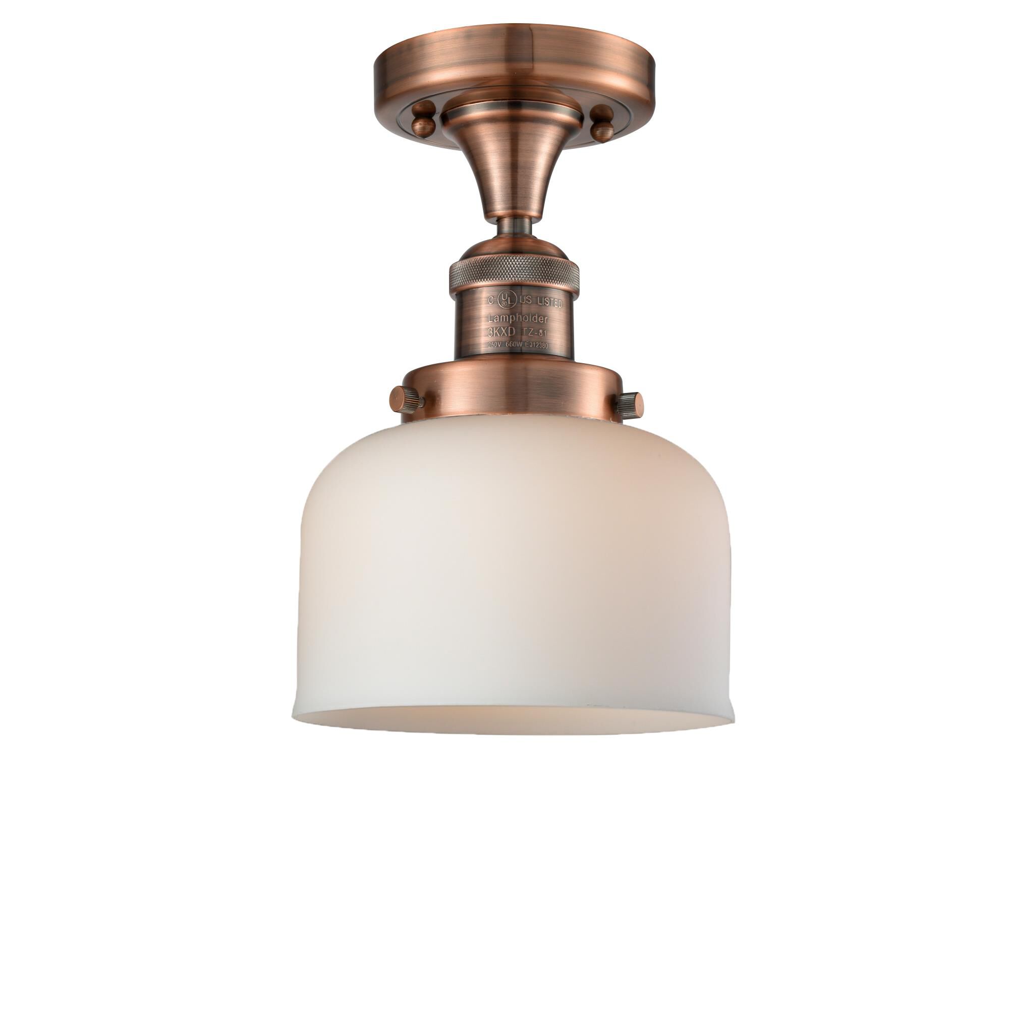 Shown in Antique Copper finish and Matte White Cased glass