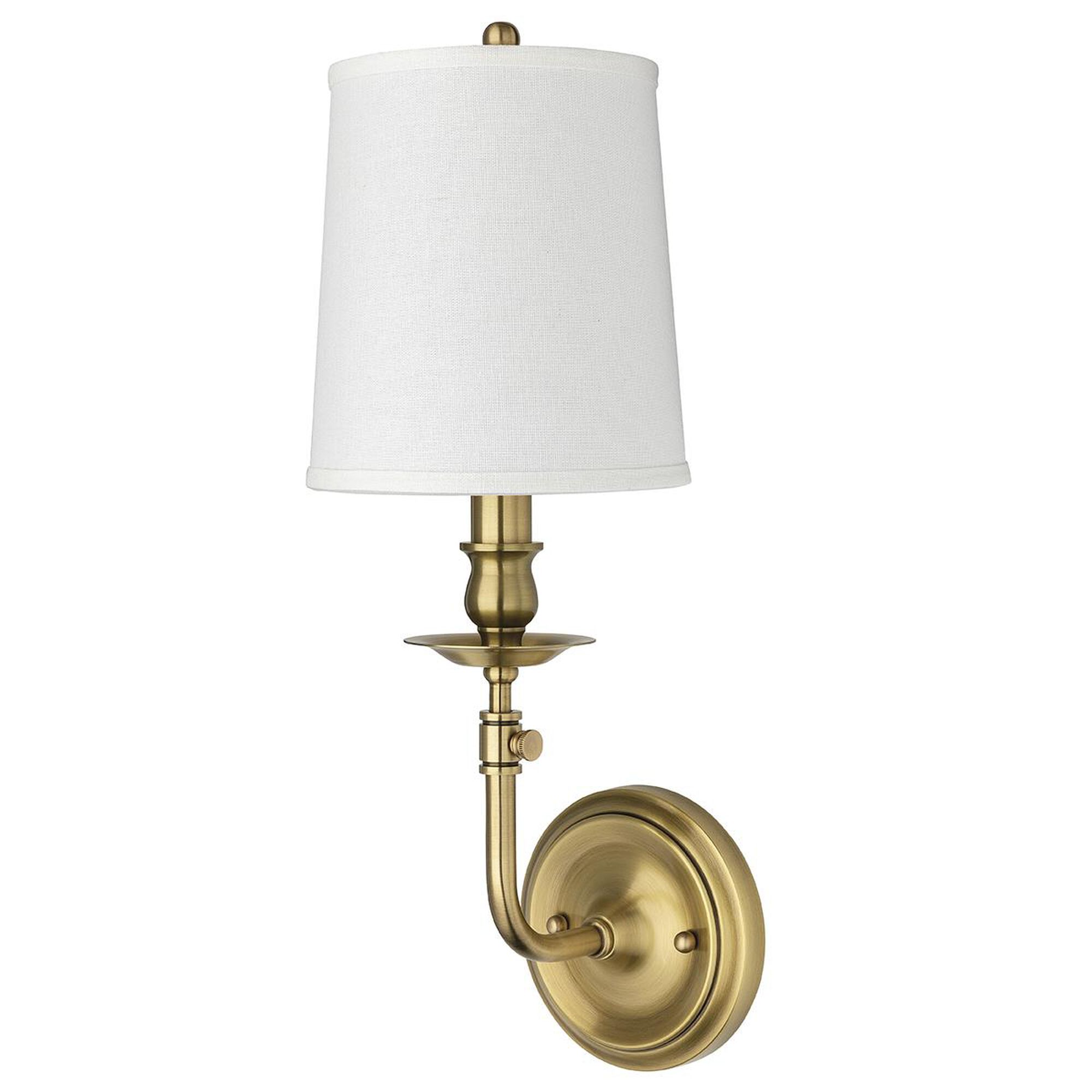 Shown in Aged Brass finish and Off White Linen shade