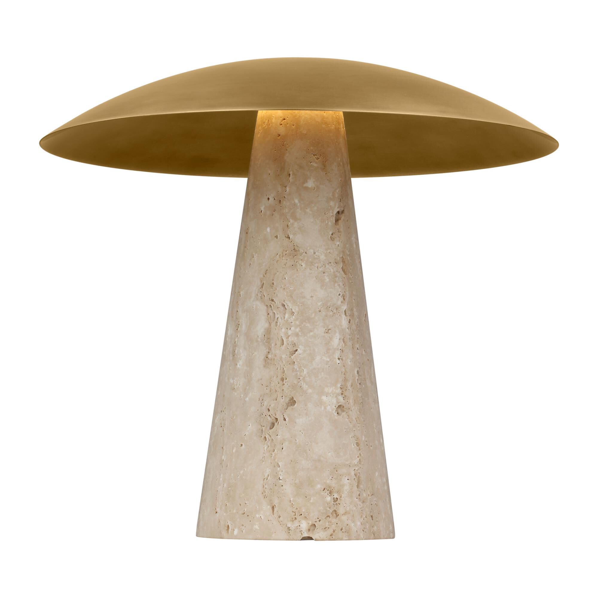 Shown in Natural Brass/Natural Travertine finish and Brass shade