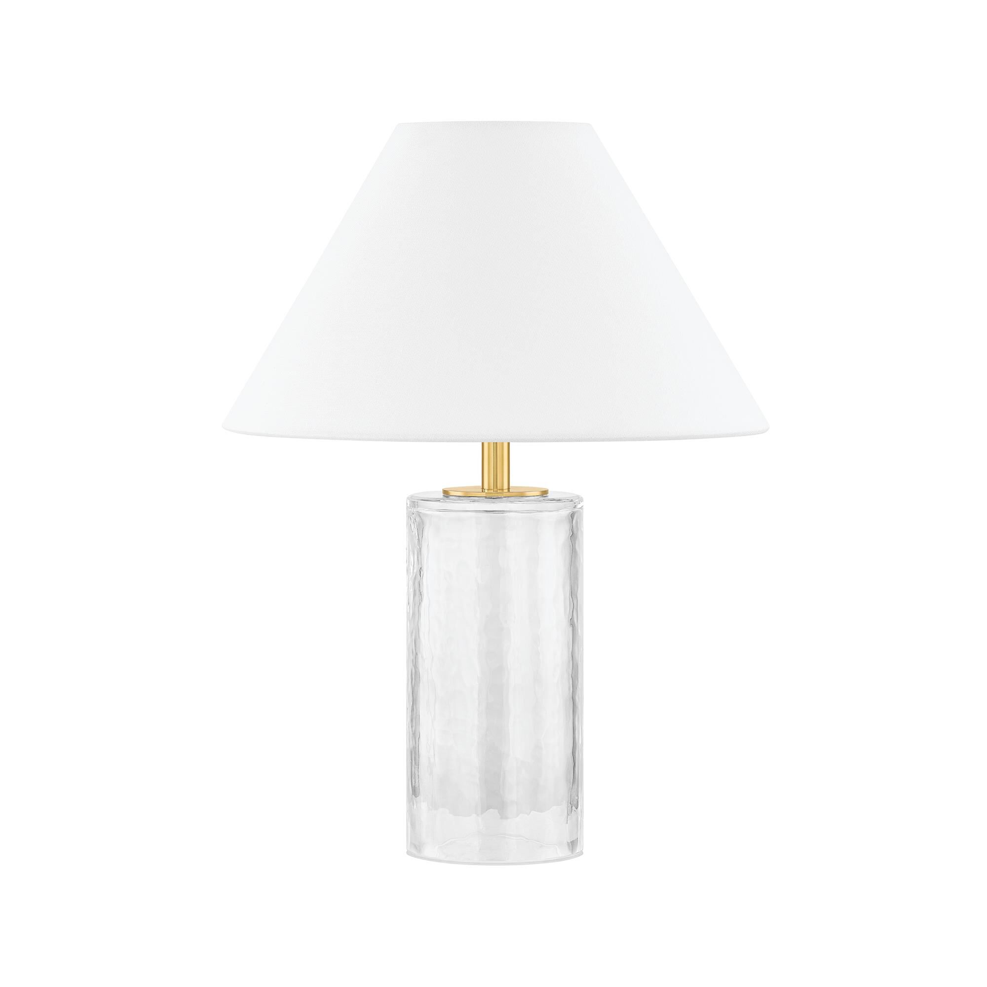 Shown in Aged Brass finish and White Linen shade