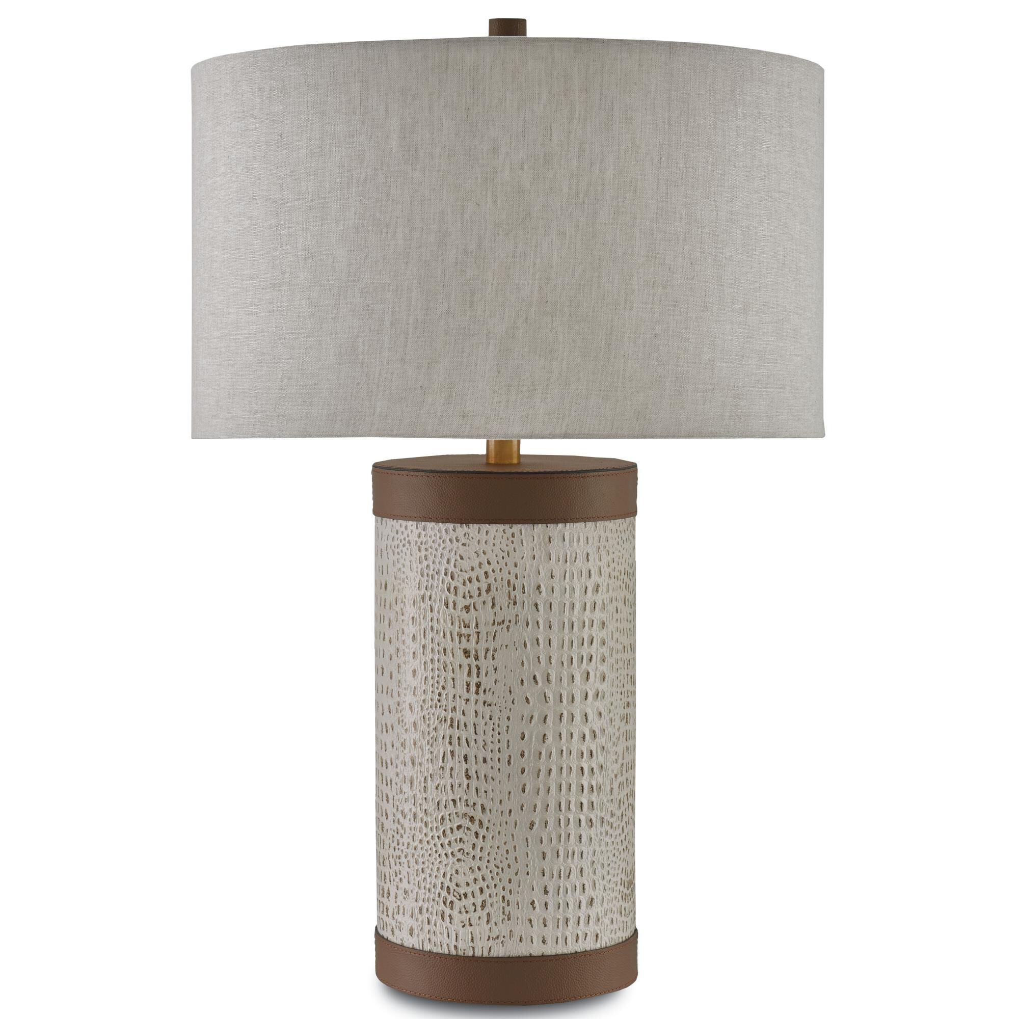 Shown in Ivory-Brown-Brushed Brass finish and Natural Linen shade