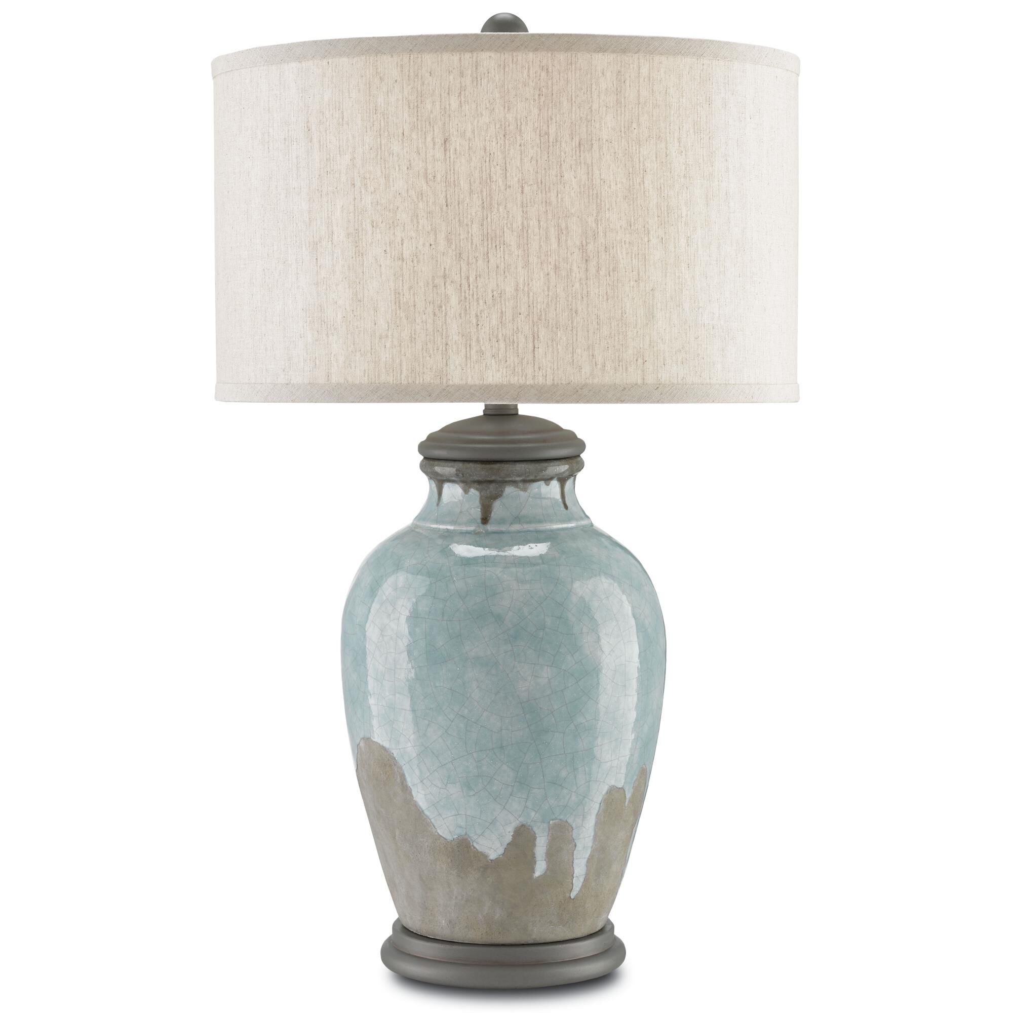 Shown in Blue-Green-Gray-Hiroshi Gray finish and Oatmeal Linen shade