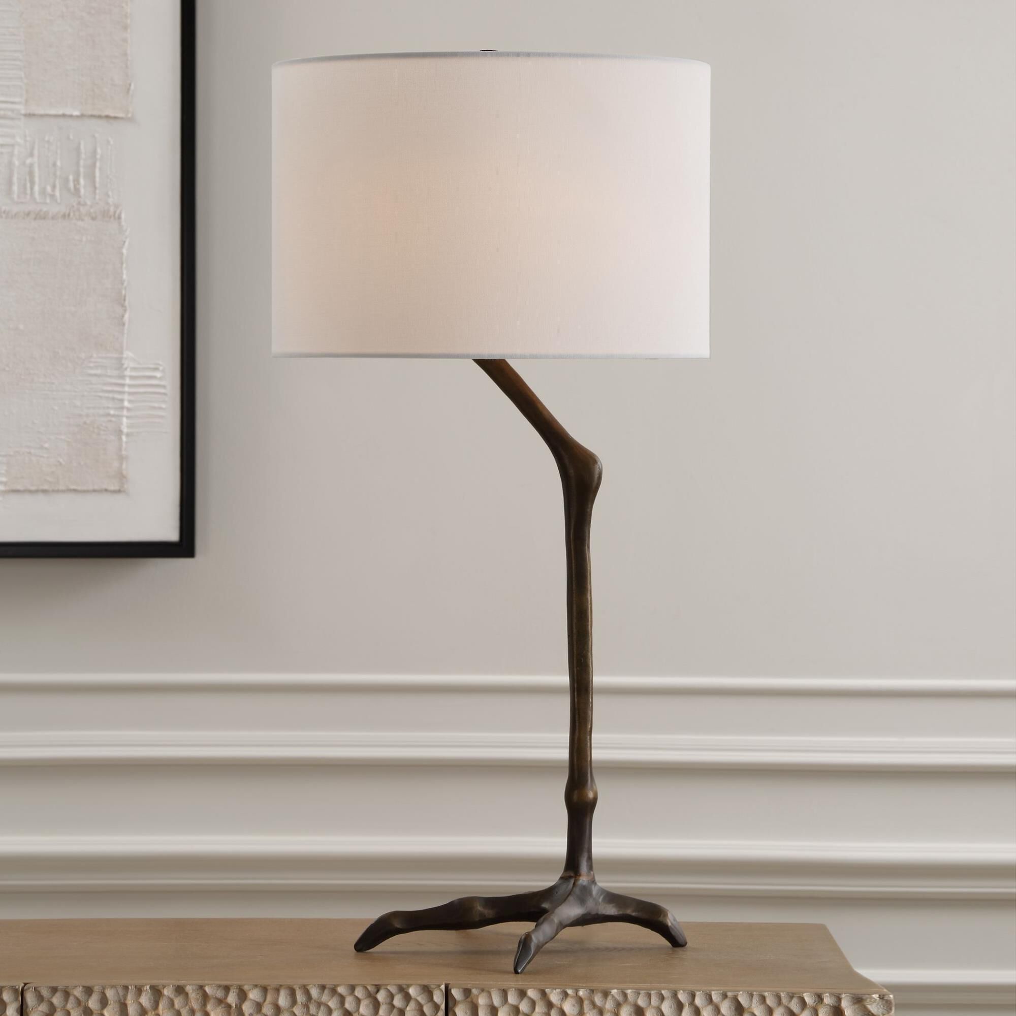 Shown in This Unique Table Lamp Combines Nature-Inspired Elegance With A Touch Of Whimsy, Featuring A Slender finish and Round Drum Hardback shade