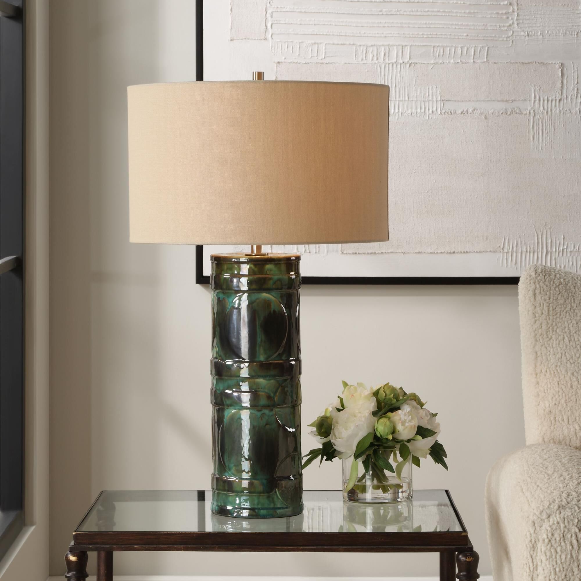 Shown in The Loch Table Lamp Features A Ceramic Base, Embellished With A Peacock Green And Slate Glaze, Addin finish