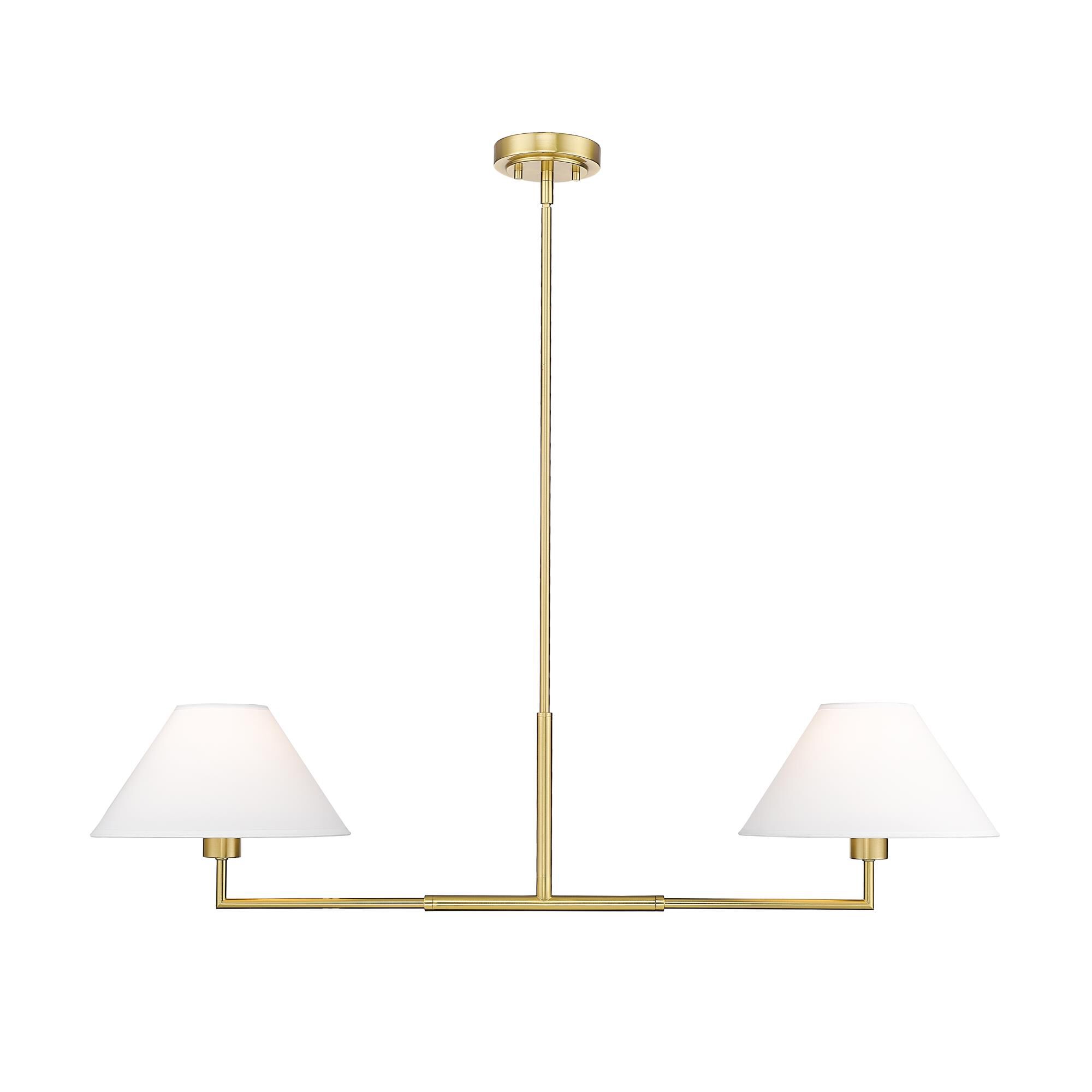 Shown in Luxe Gold finish and White Linen glass and White Linen shade