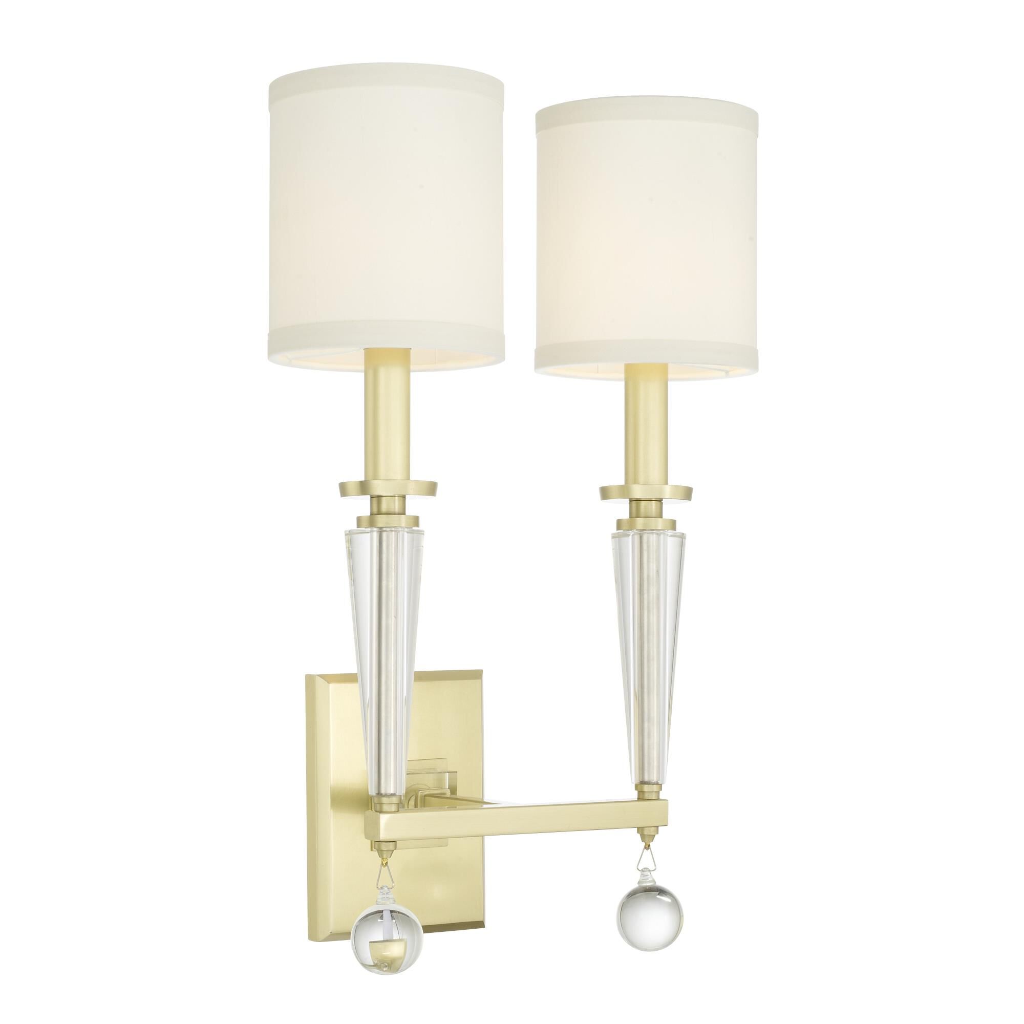 Shown in Aged Brass finish and Clear Glass Drops crystal and Silk glass and White shade