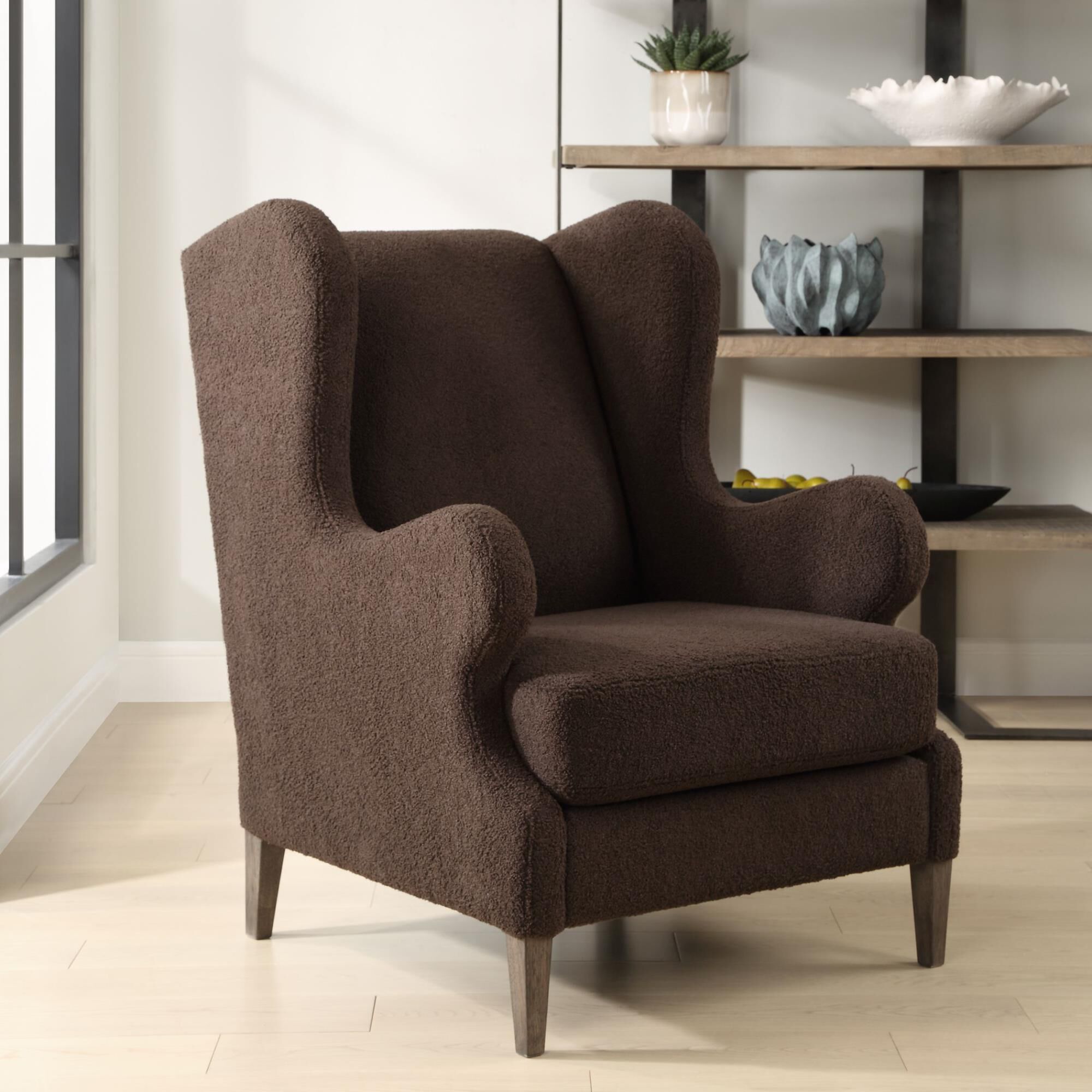 Shown in A Classic Wingback Chair With A Modern Twist. Dramatic Curved Lines Are Accentuated By The Rich Choc finish