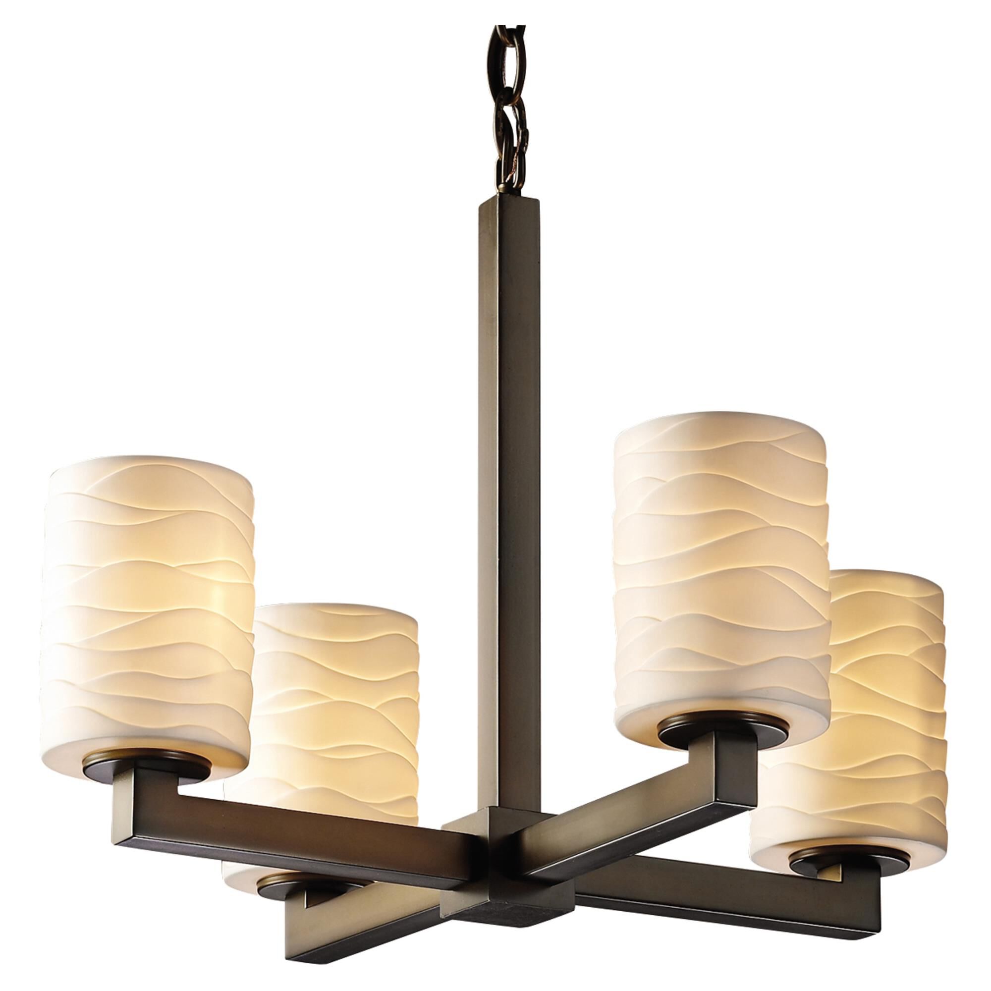 Shown in Dark Bronze finish and Translucent Porcelain glass and Waves shade and Cylinder with Flat Rim accent