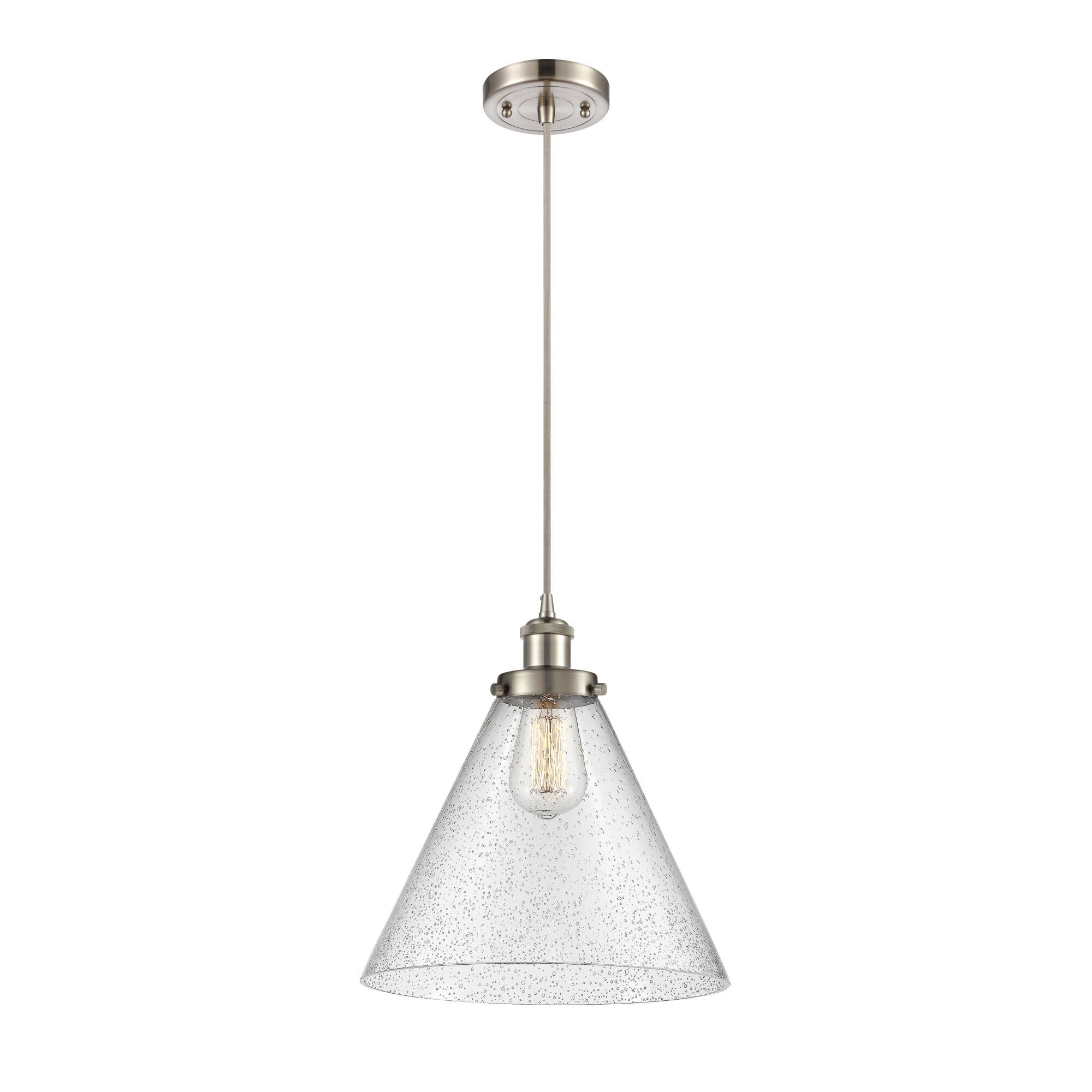 Shown in Brushed Satin Nickel finish and Seedy Large Cone glass and None shade