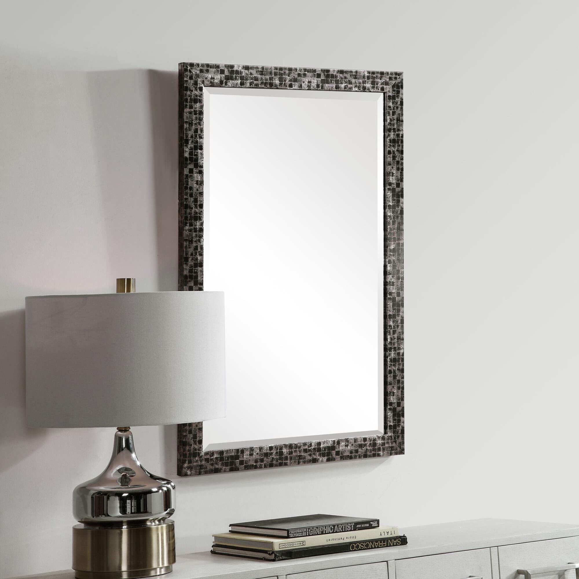 Shown in Contemporary Style Vanity Mirror Features A Gray, Silver, And Black Mosaic Style Frame. Mirror Has 1 finish