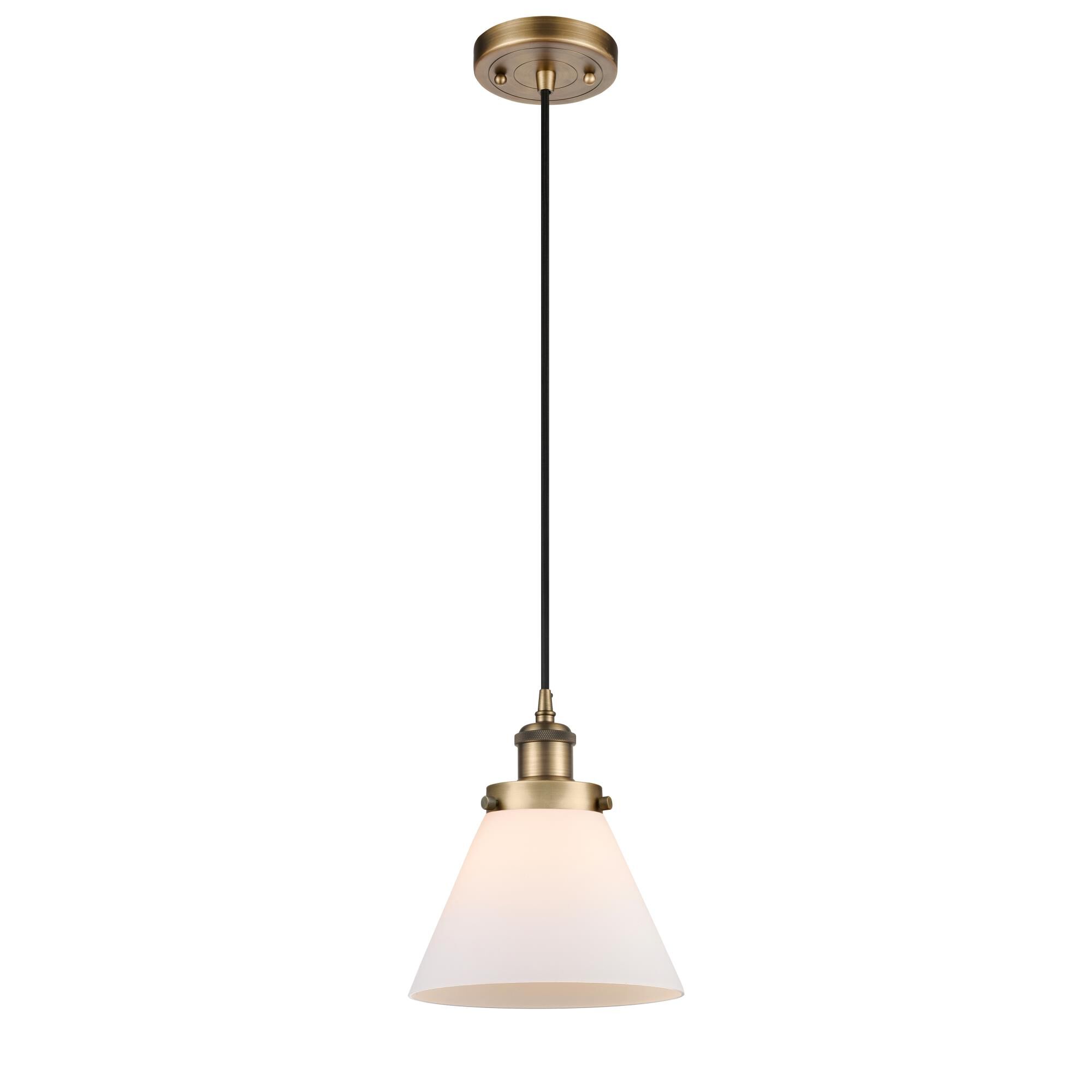 Shown in Brushed Brass finish and Matte White Cased Large Cone glass