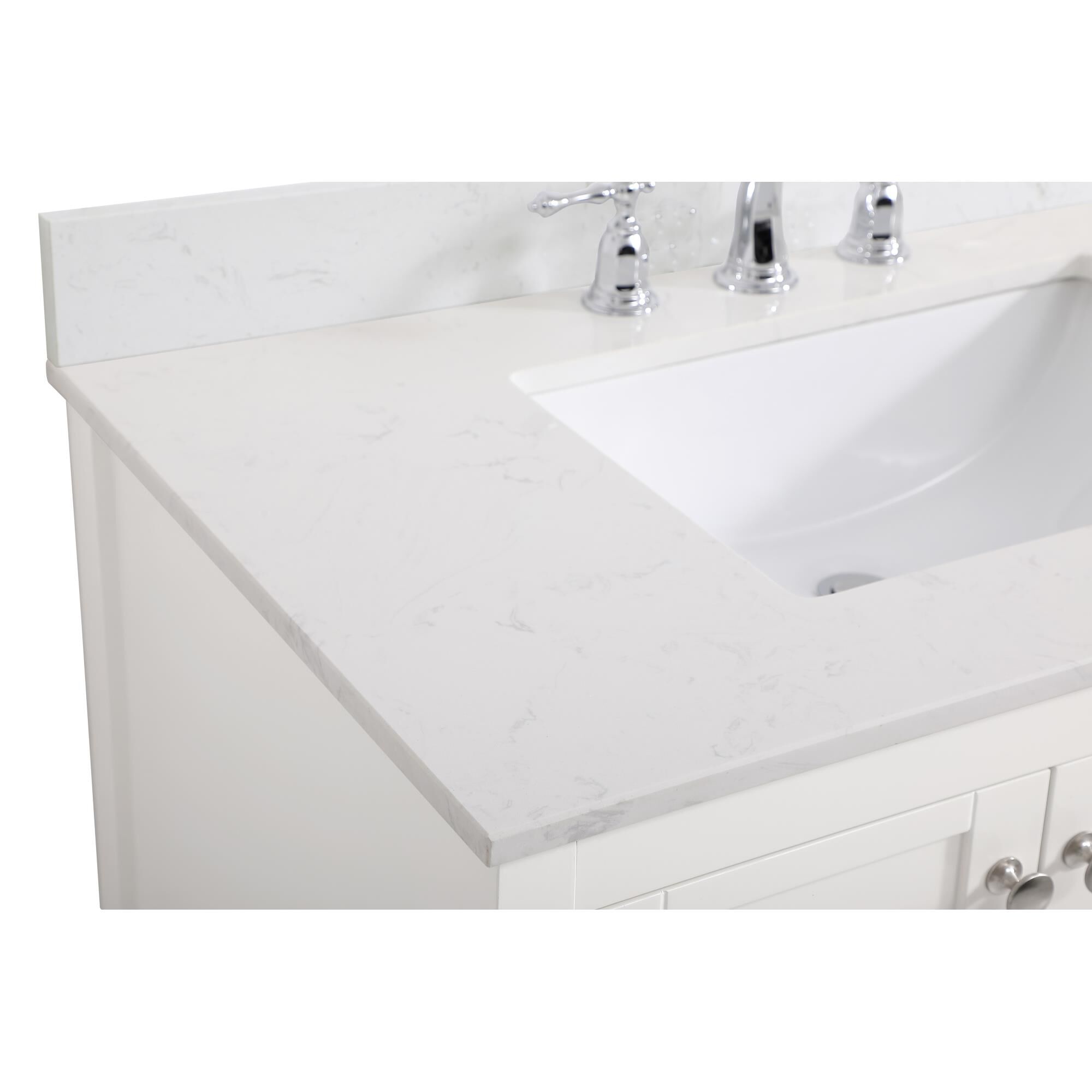 Shown in White And Brushed Nickel With Calacatta Quartz finish