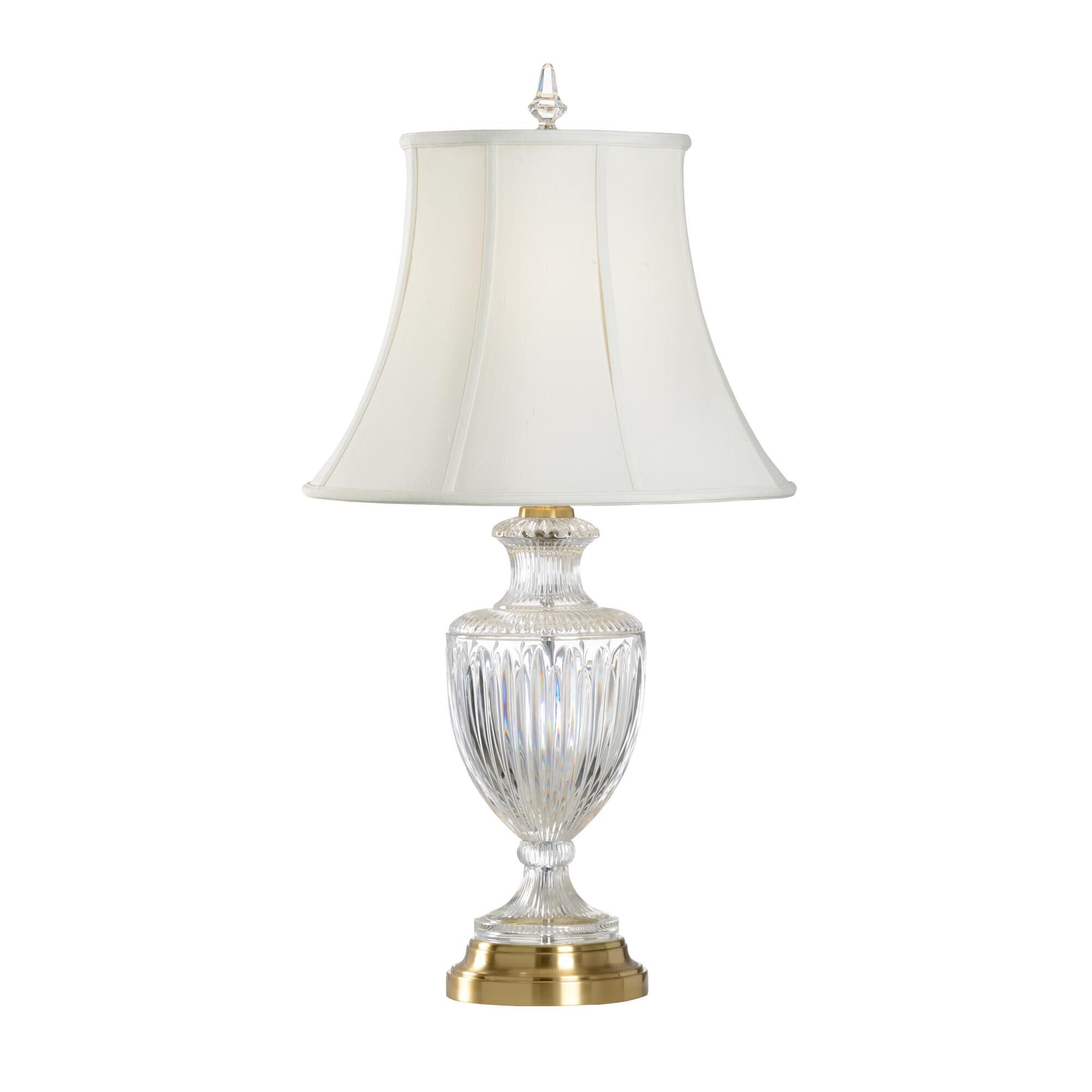 Shown in Brass finish and Mouth Blown Lead crystal and Silk shade