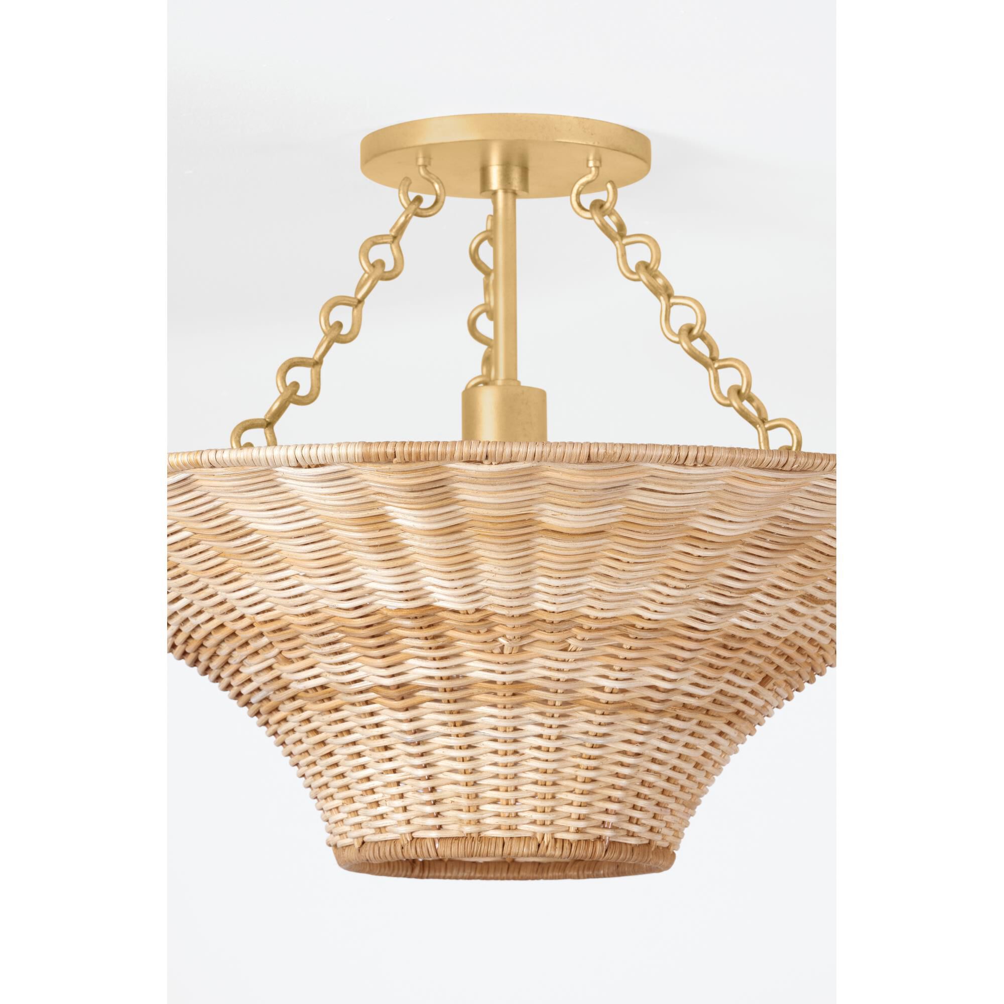 Shown in Vintage Gold Leaf finish and Vintage Natural Wicker shade