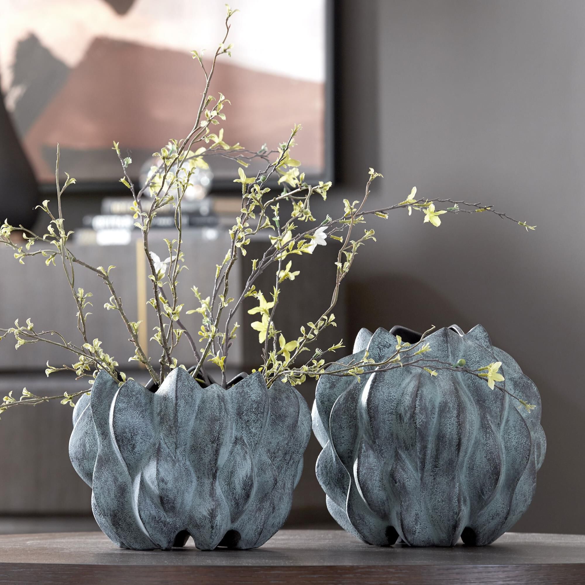 Shown in Set Of Two Ceramic Bubble Vases, Exquisitely Crafted In Bronze Ceramic Adorned With A Captivating Ve finish