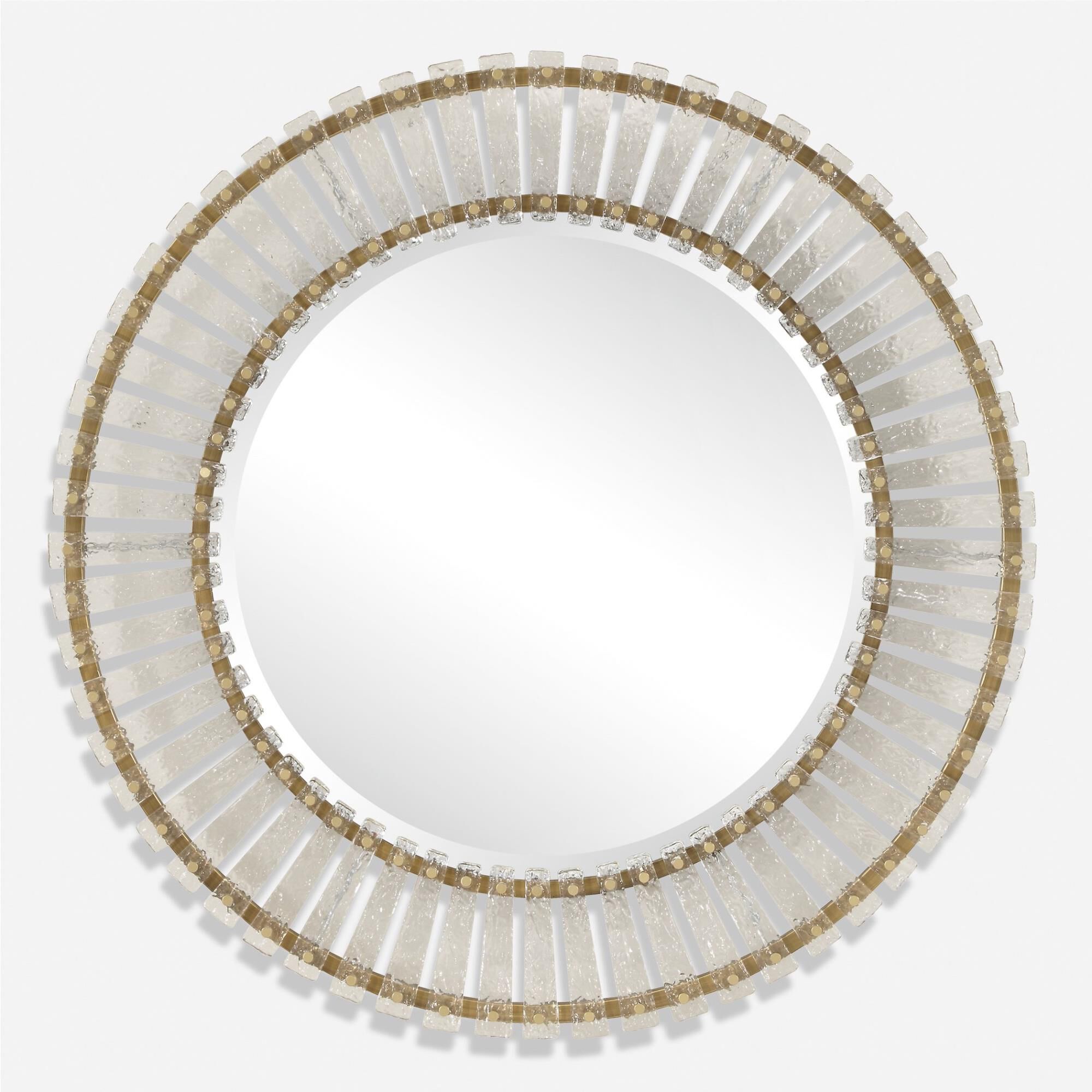 Shown in The Denali Round Mirror Features Textured Glass Keys Suspended Around Brushed Gold  Iron Frames. Mir finish