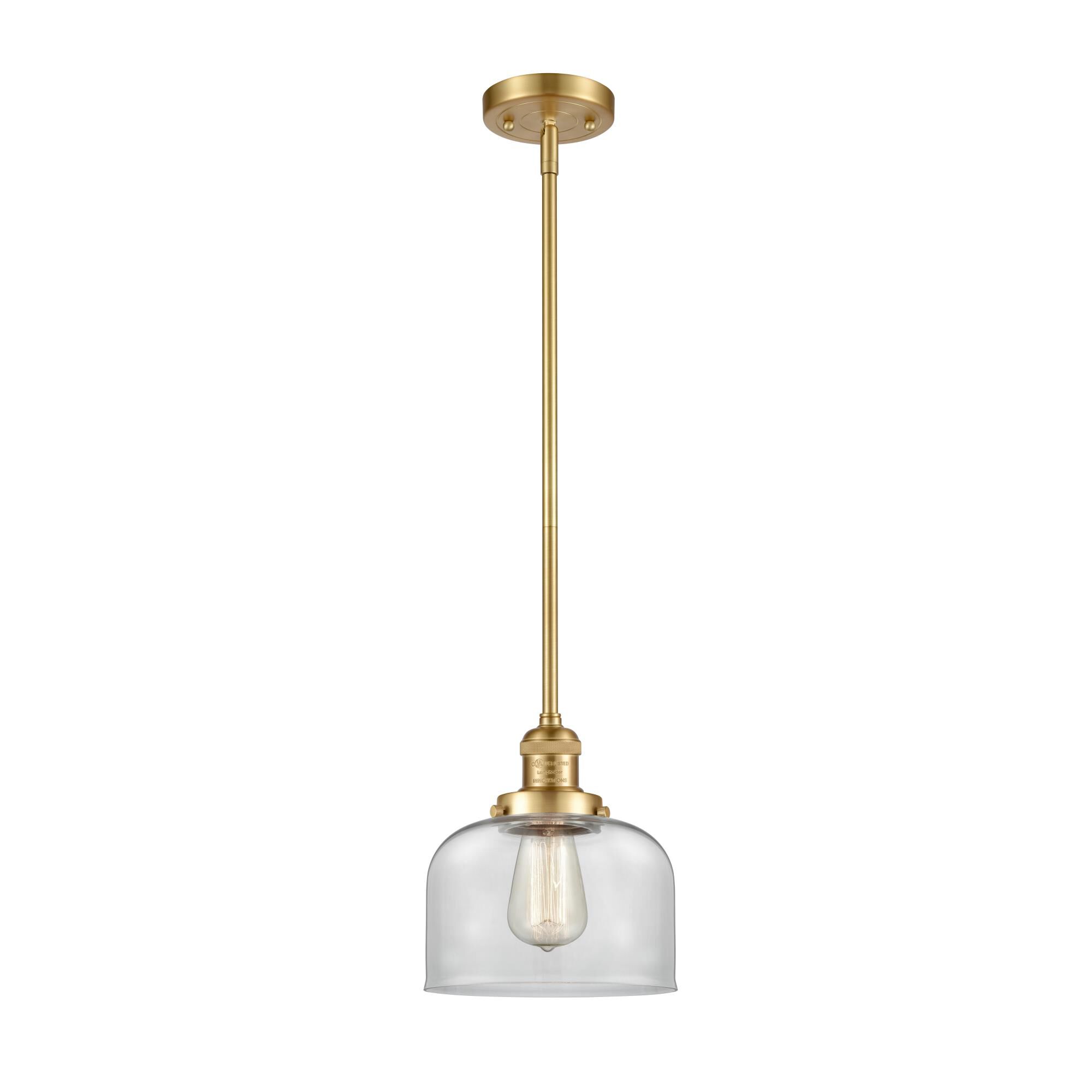 Shown in Satin Gold finish and Clear Large Bell glass